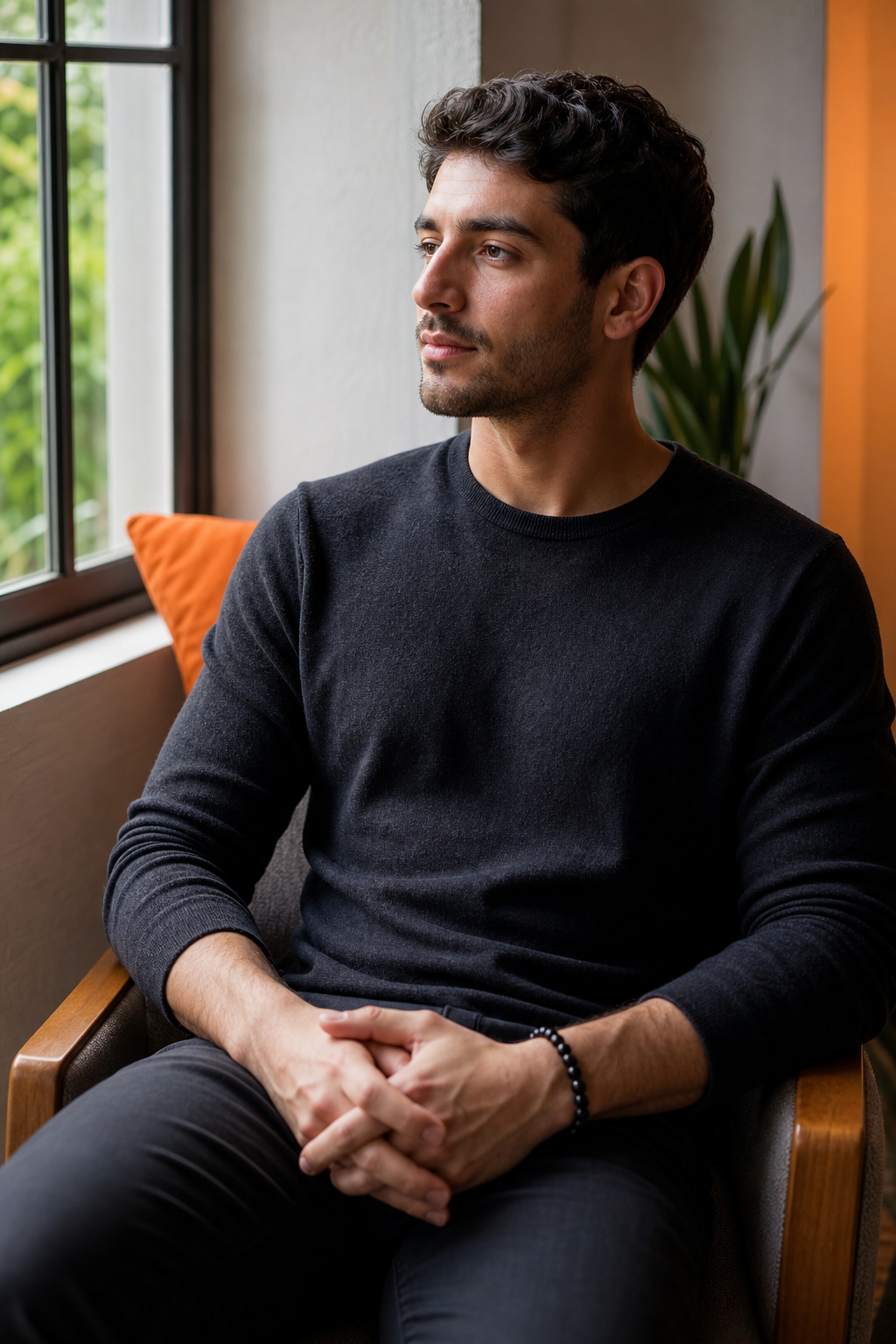 A photorealistic scene of a person sitting calmly in soft natural window light, hands resting in their lap with a black onyx beaded bracelet visible on one wrist, peaceful and composed expression. Alt: onyx bracelet for emotional balance and inner strength.