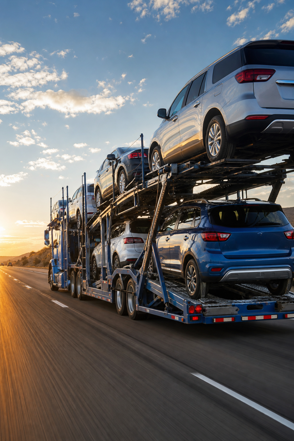 A photorealistic scene of a large multi-level open car carrier loaded with vehicles driving on a wide American highway at golden hour, with a blue sky and open road ahead. The composition fills the frame with motion and scale. Alt: open car transport carrier driving on US highway with multiple vehicles loaded.