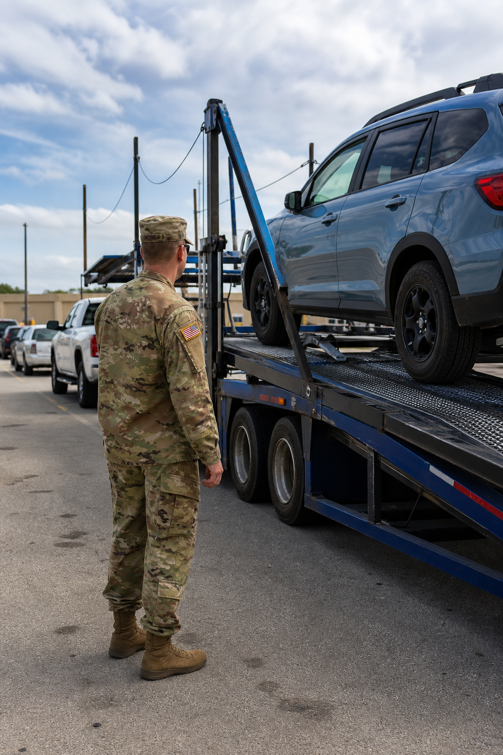 A realistic photo of a US military member in uniform standing near a vehicle being loaded onto an open car transport carrier at a base facility, with other vehicles queued nearby. Natural daylight, real environment. Alt: military member using open car transport for vehicle relocation.