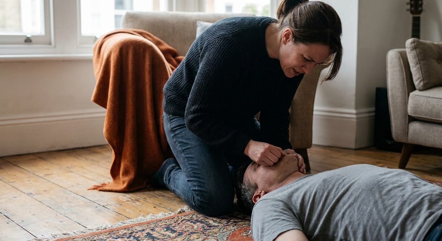 A realistic close-up of a family member kneeling beside an unconscious adult on a living room floor, checking for breathing with a hand near the person's mouth, expression focused and urgent. Natural home lighting, no phone numbers visible. Alt: family member checking for signs of opioid overdose at home.