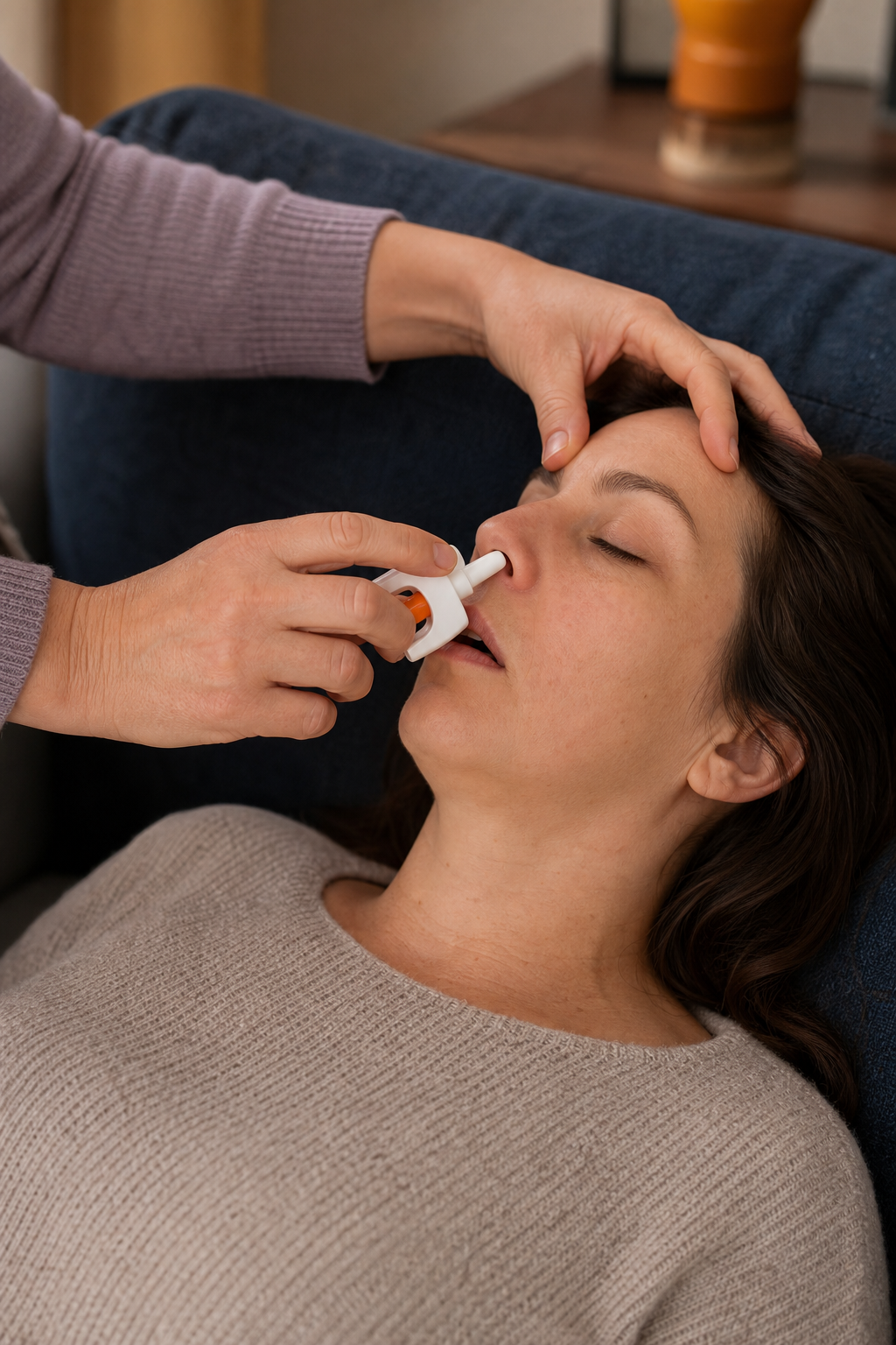 A realistic close-up of a person's hands holding a naloxone nasal spray device, positioning it near the nostril of an unconscious adult lying on a couch. Clear, steady hands, natural indoor lighting, no visible text or phone numbers. Alt: administering naloxone nasal spray during opioid overdose at home.