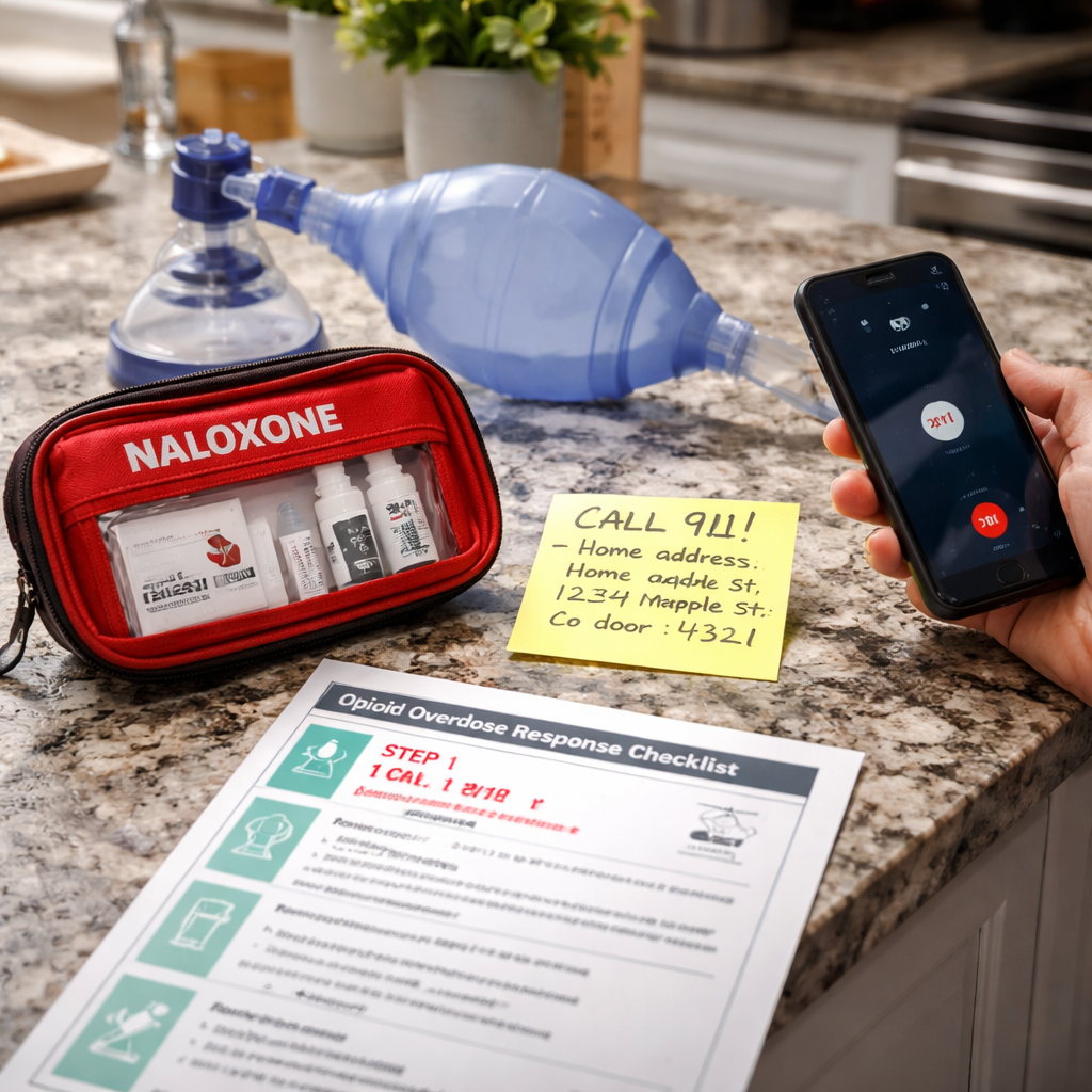 A photorealistic scene of a family member holding a phone while a naloxone kit and bag‑valve mask lie on a kitchen counter, a sticky note with emergency details visible. Alt: opioid overdose checklist pdf with emergency call steps.