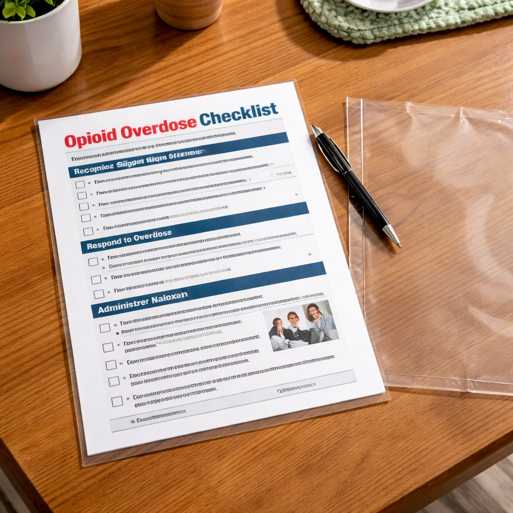 A photorealistic kitchen table with a printed opioid overdose checklist pdf, a pen, and a clear plastic sleeve ready to hold the sheet. Alt: Opioid overdose checklist pdf ready for distribution.