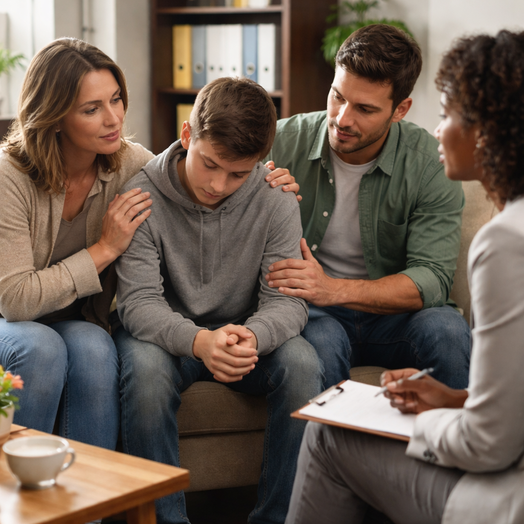 A realistic scene of a family sitting together with a counselor, discussing next steps after an overdose; Alt: family aftercare meeting with professional support