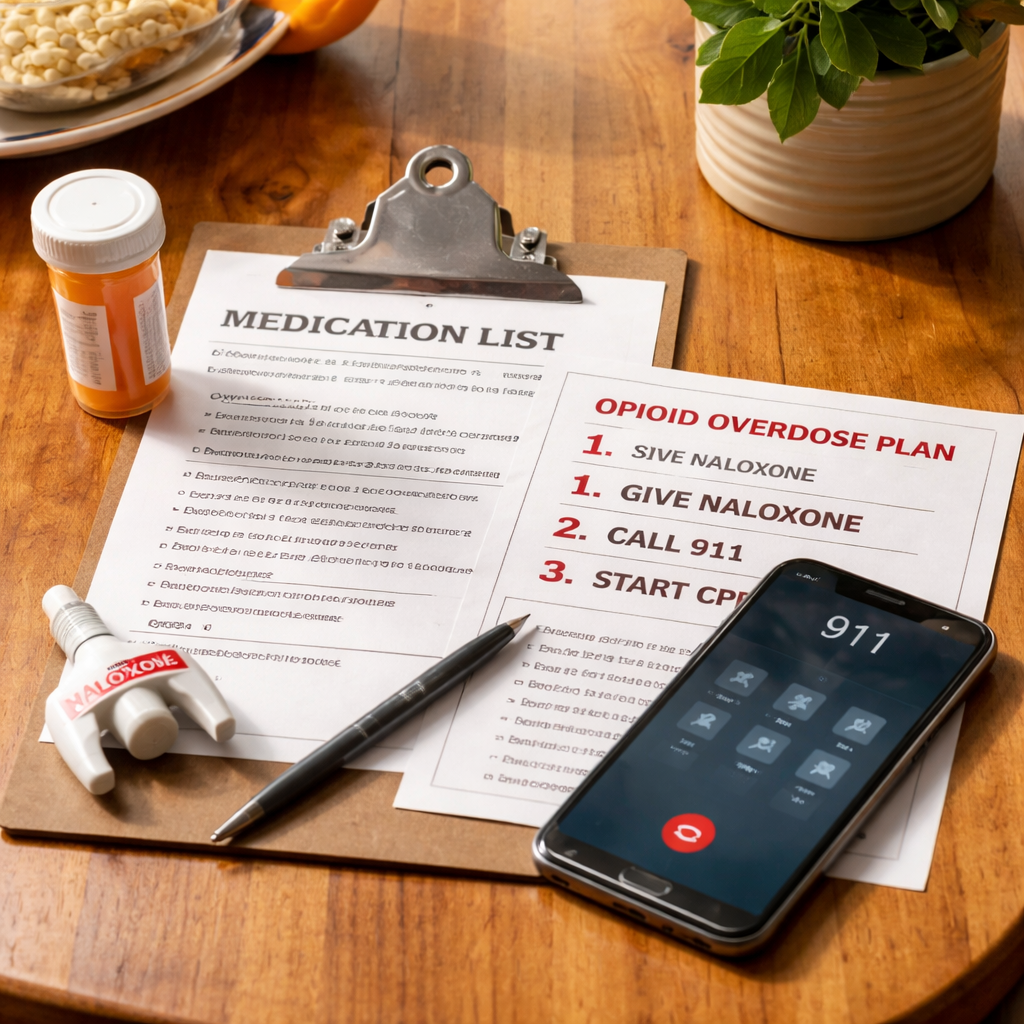 A realistic photo of a kitchen table with a printed medication list, a bottle of naloxone, and a phone ready to dial 911. Alt: Family’s opioid overdose plan showing medication list and emergency tools.