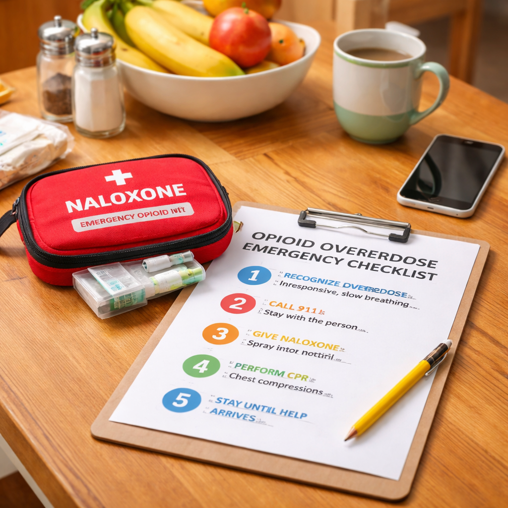 A photorealistic scene of a family kitchen table with a printed emergency response checklist, a red‑stickered naloxone kit, and a phone within reach. Alt: Opioid overdose plan for families showing a clear, simple checklist and emergency tools.