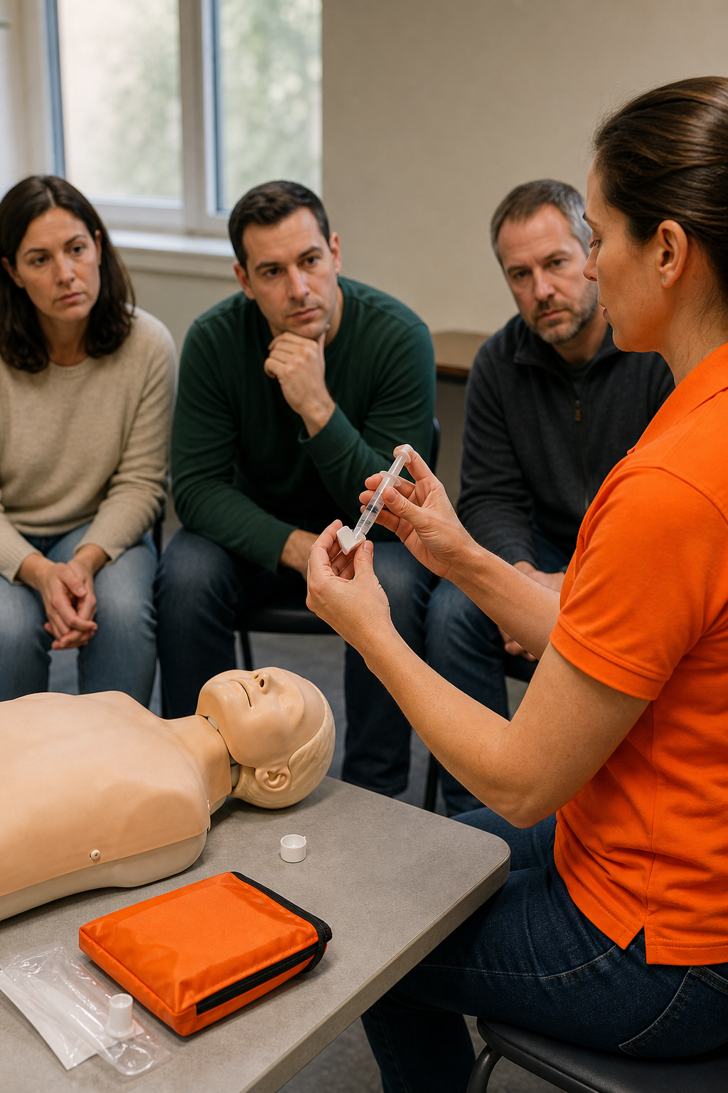 A realistic scene of a Red Cross instructor demonstrating naloxone use to a small group of adults in a community center, alt=