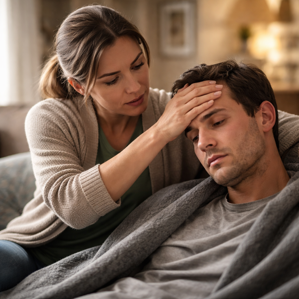 A photorealistic scene of a caring family member gently checking a loved one's skin temperature with a hand, soft indoor lighting, realistic expressions of concern and support. Alt: family member checking for early opioid withdrawal signs in a realistic home setting.