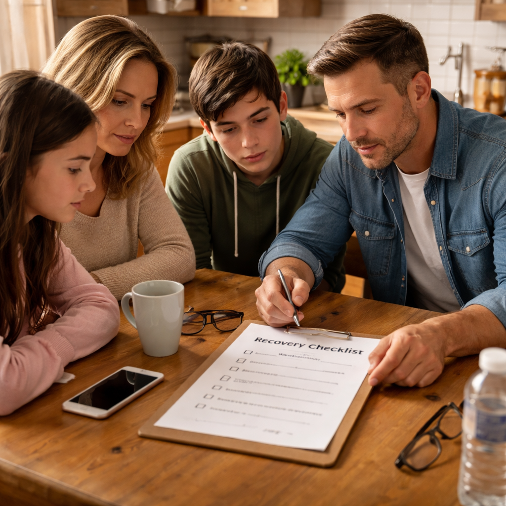 A photorealistic scene of a family sitting around a kitchen table, reviewing a simple recovery checklist with a phone nearby. Alt: Opioid withdrawal symptoms for families - long‑term recovery support