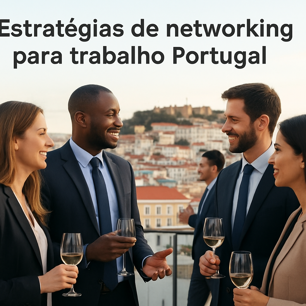 A networking event in Lisbon with professionals chatting over drinks, background showing the city skyline. Alt: Estratégias de networking para trabalho Portugal