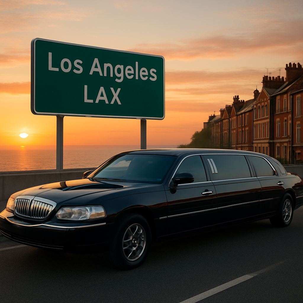 A photorealistic depiction of a sleek black limousine parked beside a Los Angeles freeway sign, with a sunset over the Pacific in the background, illustrating an Orange County to LAX car service journey. Alt: Black limousine on LAX route sunset.