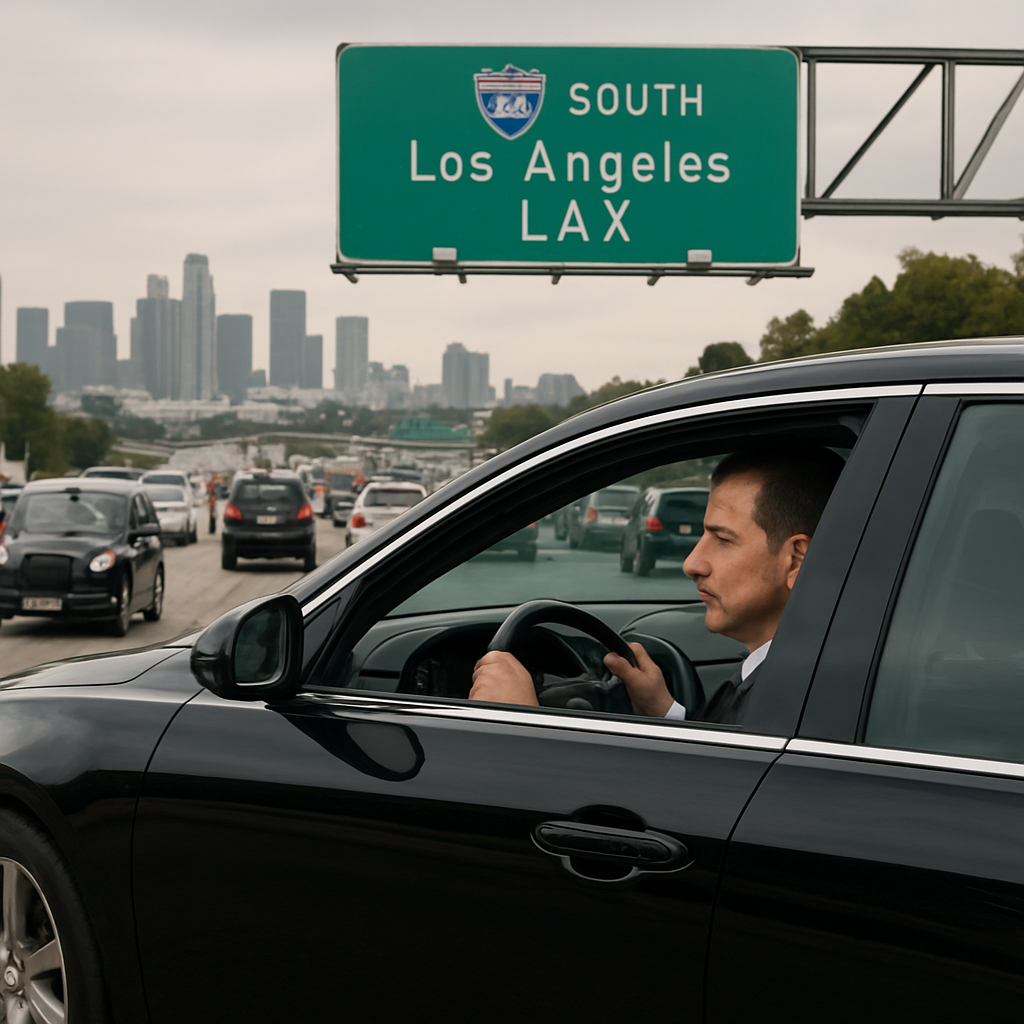 A photorealistic depiction of a sleek black car traveling along the 405 freeway toward LAX, with the Los Angeles skyline in the distance and traffic congestion visible, showing a calm driver focused on the road. Alt: Orange County to LAX car service journey, real-time traffic, driver in focus.