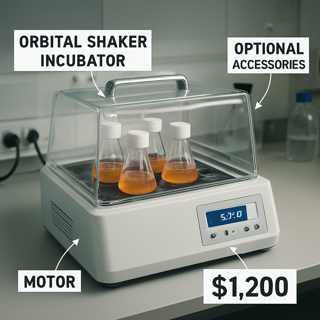 A photorealistic lab bench showing an orbital shaker incubator with a price tag overlay, highlighting components like motor, temperature panel, and optional accessories. Realism style, focusing on a modern research environment, appealing to academic and biotech labs.
