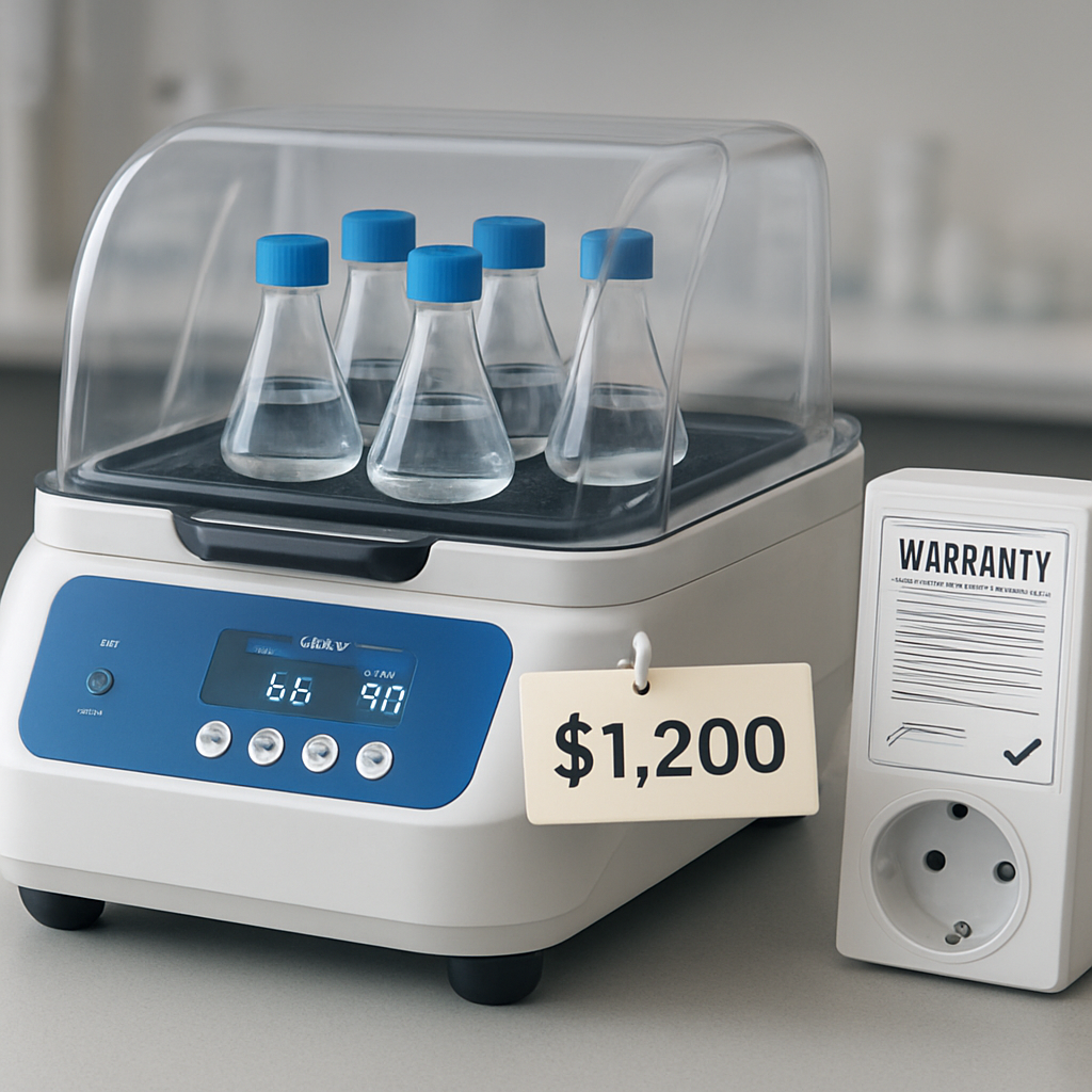A photorealistic lab bench showing an orbital shaker incubator with a price tag, energy‑usage meter, and warranty document stacked beside it, highlighting cost‑saving considerations for researchers and lab managers. Alt: orbital shaker incubator price cost‑saving checklist visual.