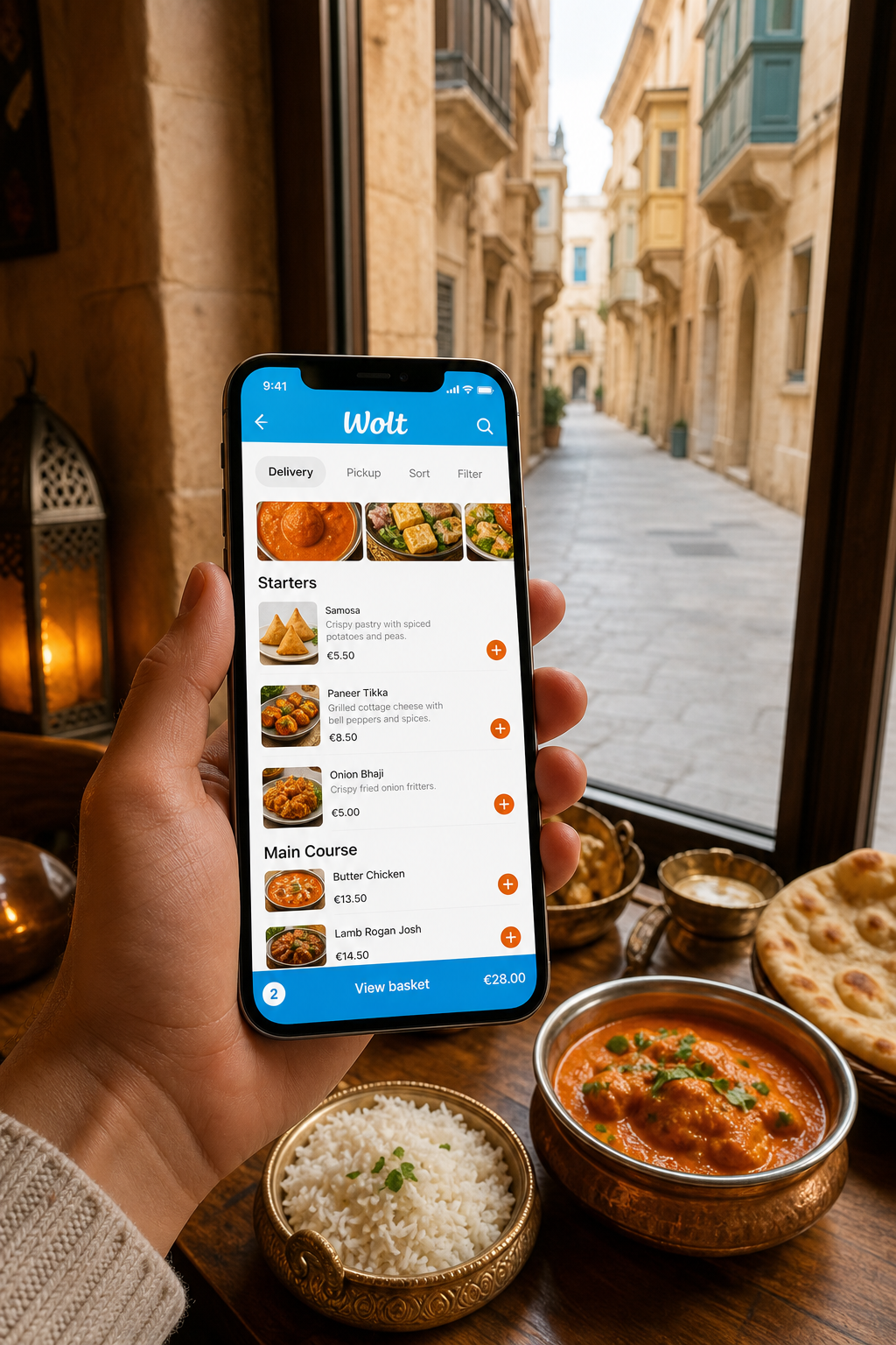 A smartphone screen showing the Wolt app interface with an Indian restaurant menu displayed, with a street view of a Maltese alley through the window. Alt: best delivery apps to order Indian food online in Malta using Wolt.