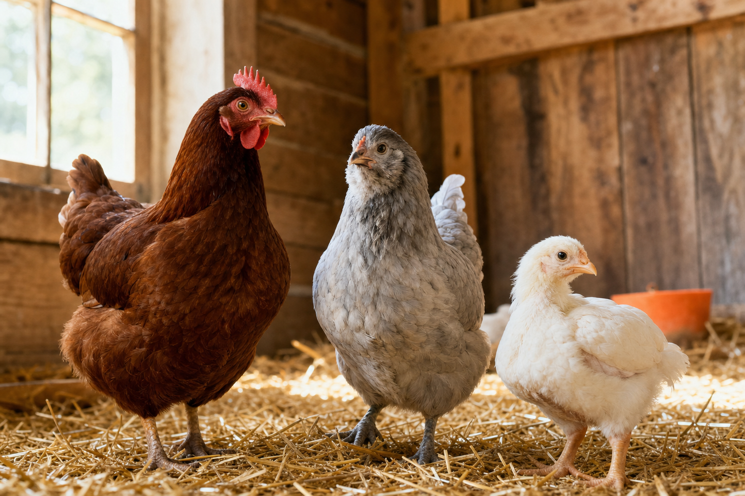 A realistic farm scene showing several different chicken breeds , a Rhode Island Red, an Ameraucana, and a Cornish Cross chick , side by side on straw bedding inside a bright wooden barn, natural light streaming through a window