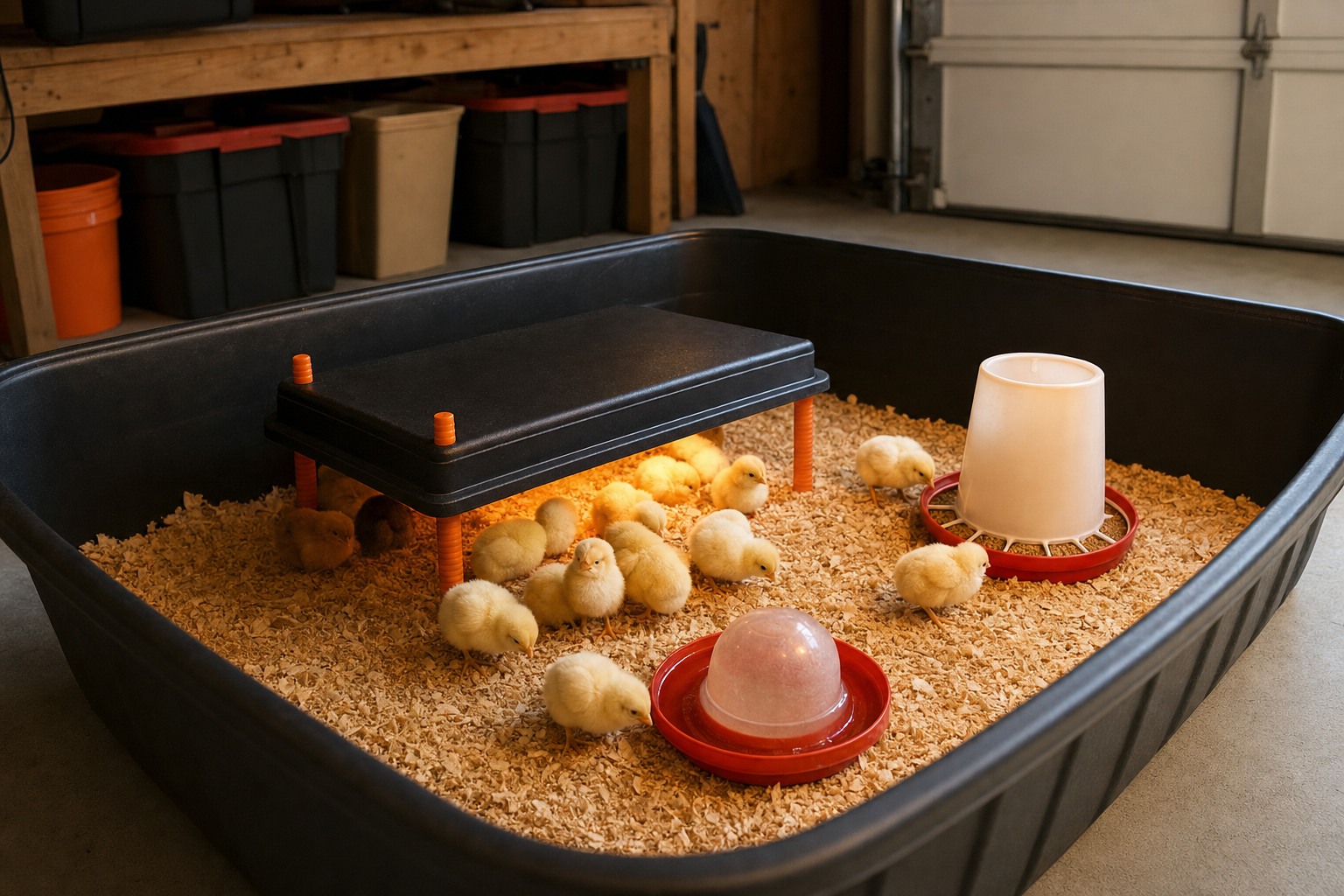 A realistic indoor brooder setup with a heat plate positioned over a small flock of day-old chicks on pine shaving bedding, a shallow red waterer and small feeder visible, warm amber light from the heat source, set inside a garage or utility room