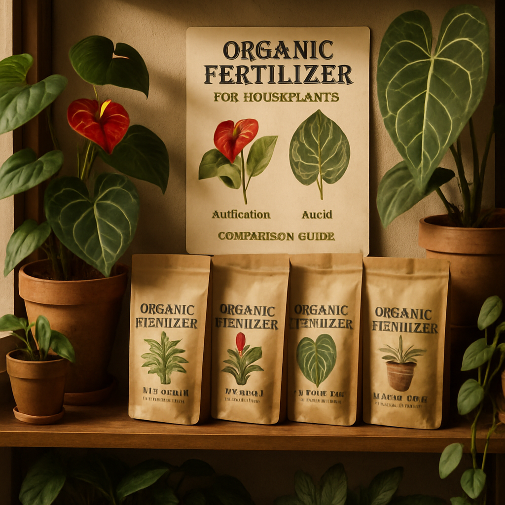 A cozy indoor garden shelf with several organic fertilizer bags and thriving houseplants. Alt: organic fertilizer for houseplants comparison guide.