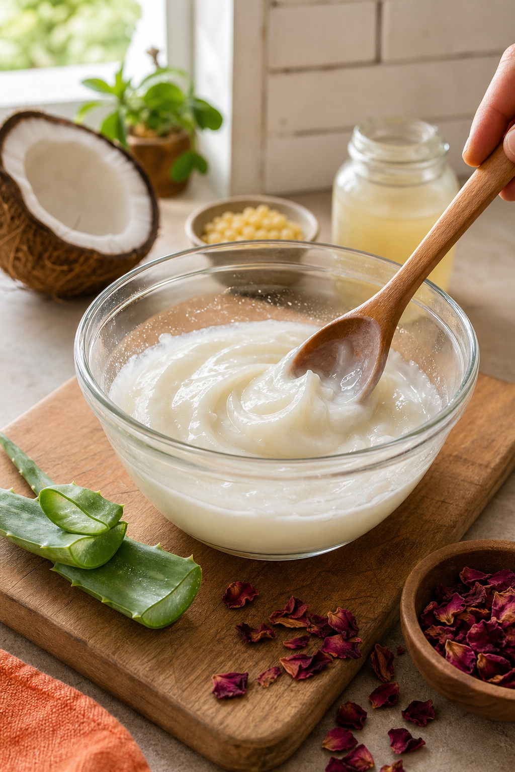 A close-up photorealistic scene of a glass bowl containing a creamy white mixture of coconut oil and beeswax being stirred with a wooden spoon, with natural ingredients like rose petals and aloe vera leaves on the side. The background is a bright kitchen counter with soft sunlight. Alt: Organik hindistancevizi yağı ve bal mumu ile ev yapımı nemlendirici krem yapımı