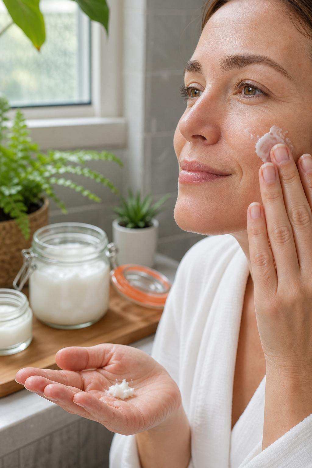 A photorealistic close-up of hands applying a small amount of homemade cream to a face, with clean glass jars containing the creams in the background. The setting is a bright bathroom with natural light and green plants. Alt: Ev yapımı hindistancevizi yağı nemlendirici kremi cilde uygulama ve saklama