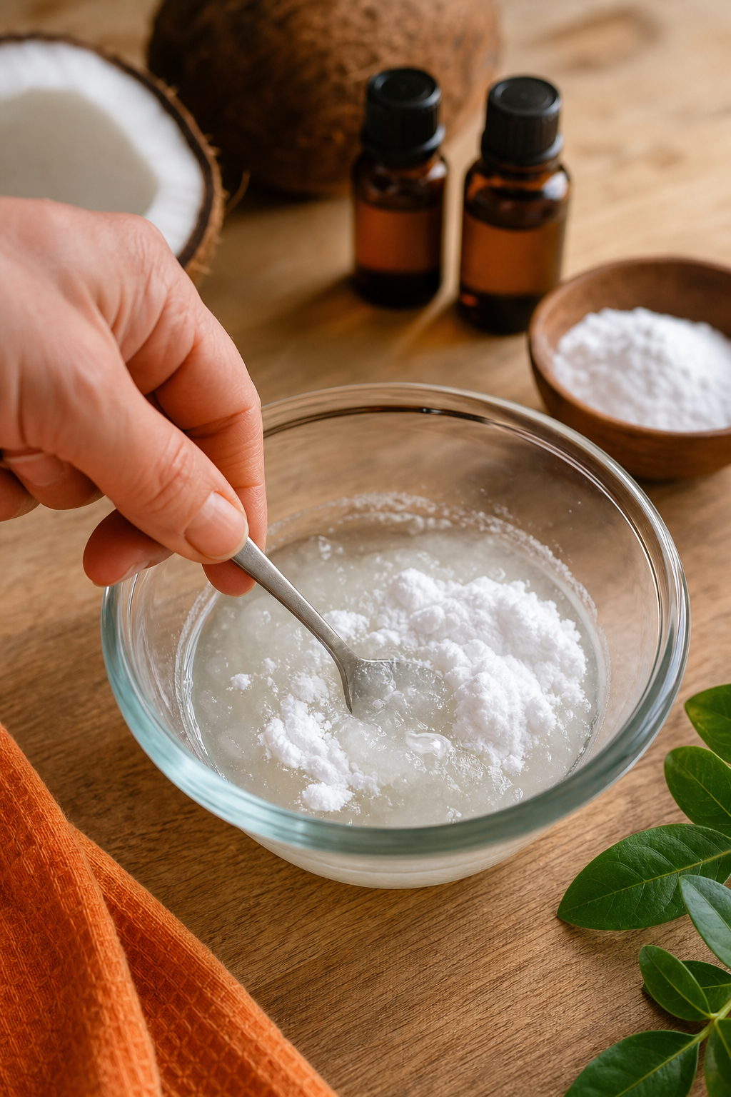 A close-up of a hand mixing melted coconut oil with white powders (baking soda and cornstarch) in a glass bowl, with essential oil bottles in the background. Natural lighting, wooden countertop. Alt: Organik hindistancevizi yağı ve karbonat karıştırma işlemi