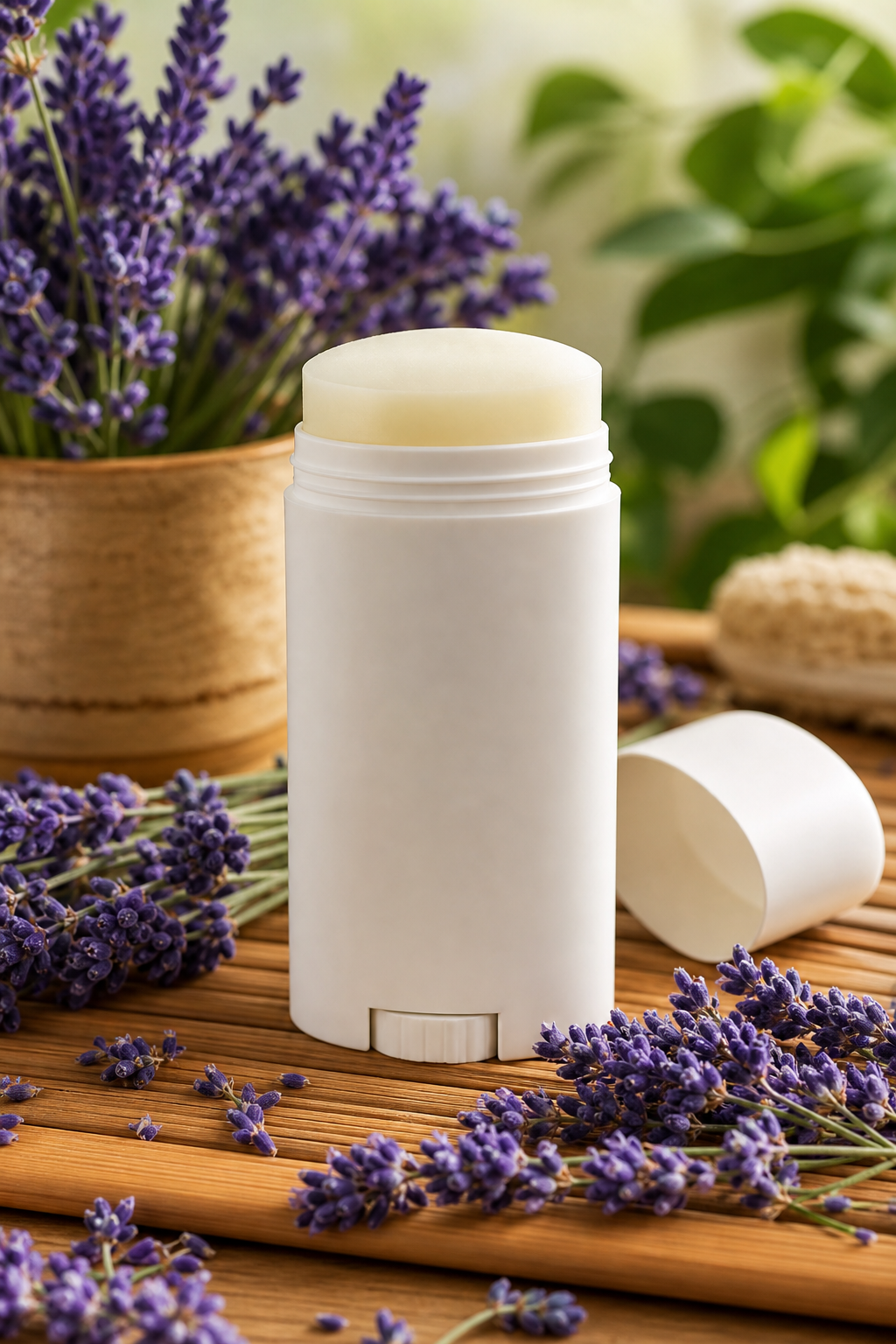 A natural deodorant stick on a bamboo surface, with fresh lavender flowers scattered around. Soft lighting, calming vibe. Alt: Doğal deodorant stick ve lavanta çiçekleri