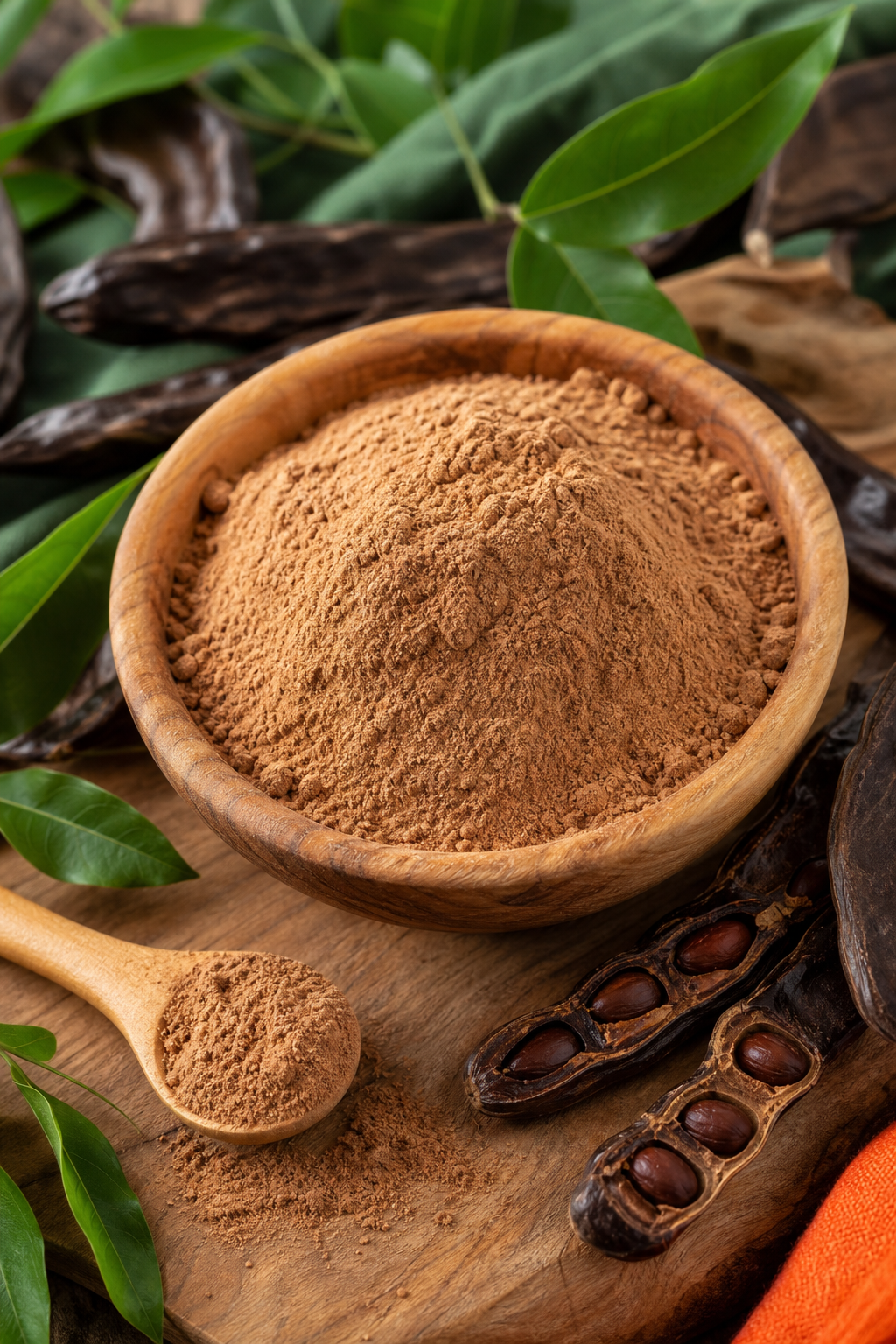 A realistic close‑up of a wooden bowl filled with fine, light‑brown carob powder, surrounded by whole carob pods and a wooden spoon. Alt: organik keçiboynuzu unu, doğal tatlandırıcı, glutensiz un, sağlıklı malzeme.