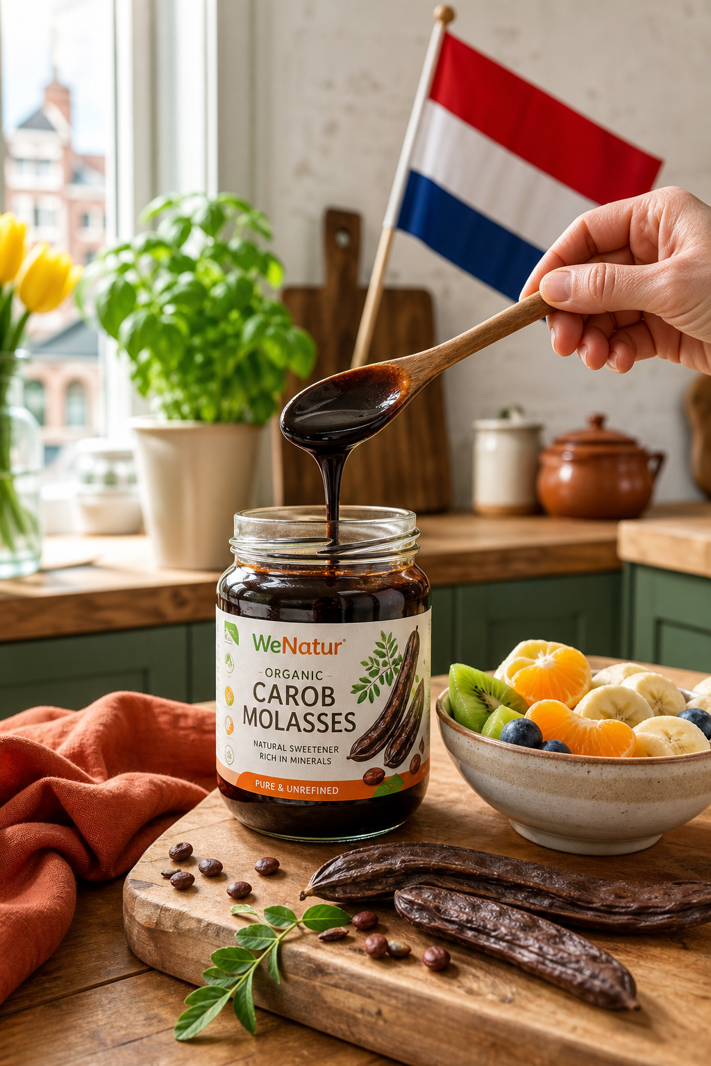 A bright kitchen scene with a wooden cutting board, a glass jar of dark carob molasses, a small bowl of sliced fresh fruit, and a Dutch flag in the background. Alt: organik keçiboynuzu pekmezi, Hollanda mutfağı, doğal şeker alternatifi.