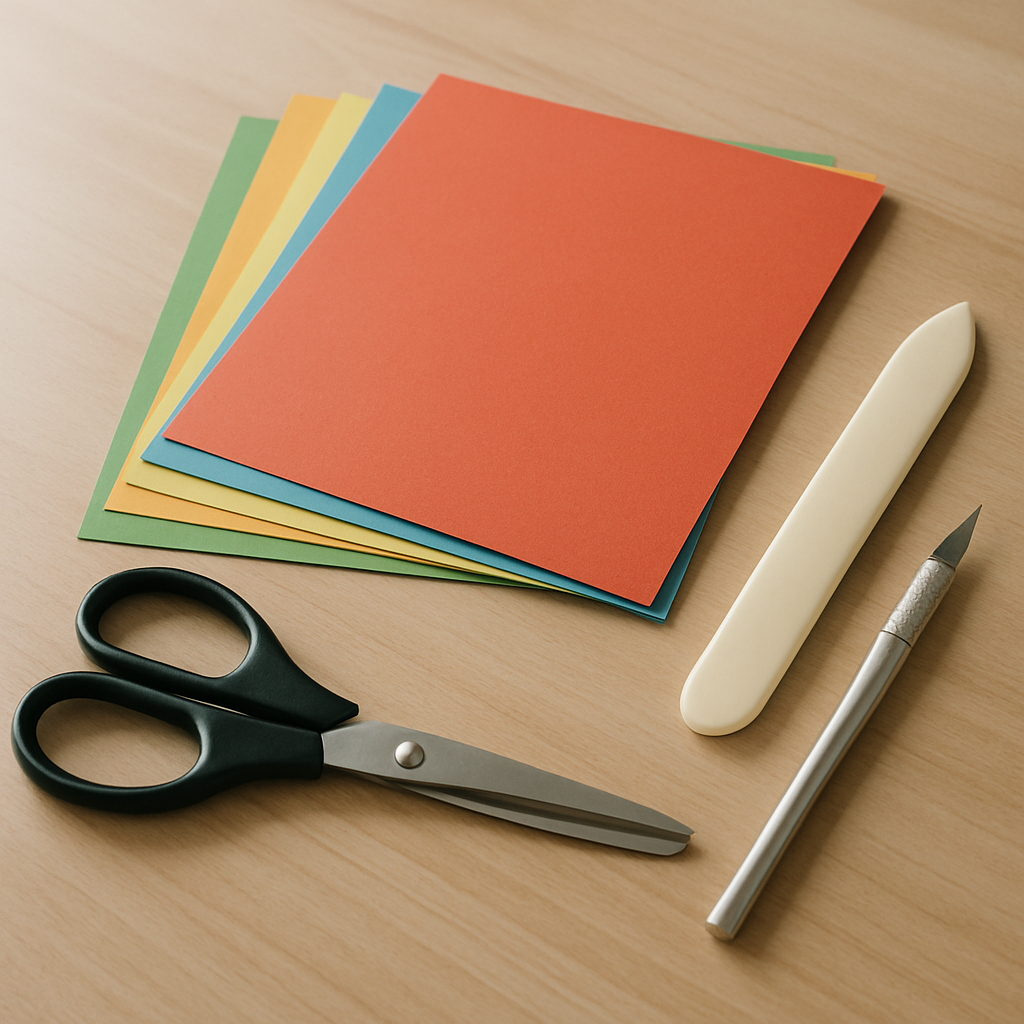 A realistic photo of a set of colorful cardstock sheets, a bone folder, scissors, and a precision cutter spread on a smooth wooden table, with a soft daylight filter, showcasing origami tools for beginners. Alt: origami flower paper tools.
