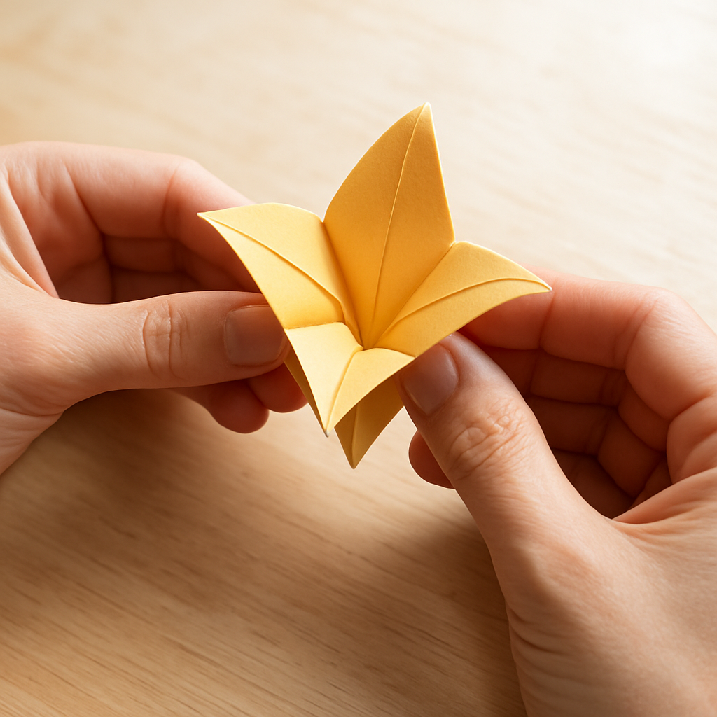 A photorealistic close-up of hands assembling the origami flower core, showing tight folds, a crisp central crease, and a gentle curl at the petal tips on a light wood craft table, with natural daylight streaming in. Alt: Hands assembling origami flower core with crisp folds.