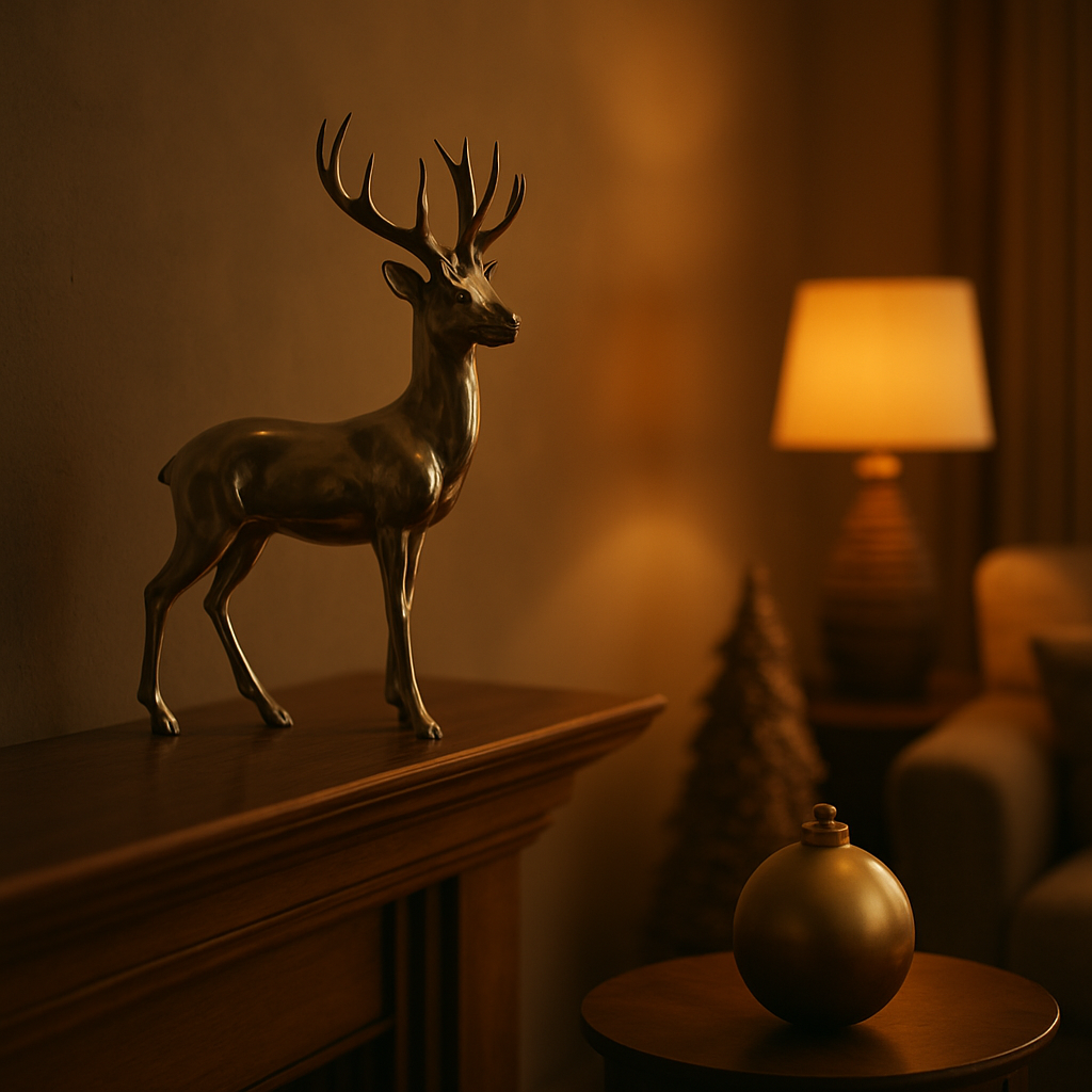 A cinematic scene of a living room with a standing silver stag ornament on a wooden mantel, soft golden lighting casting gentle shadows, a coffee ombre bauble on a side table, and a wicker tree in the background, all arranged in a balanced, inviting composition. Alt: Bespoke home ornaments creating a cozy cinematic ambience.