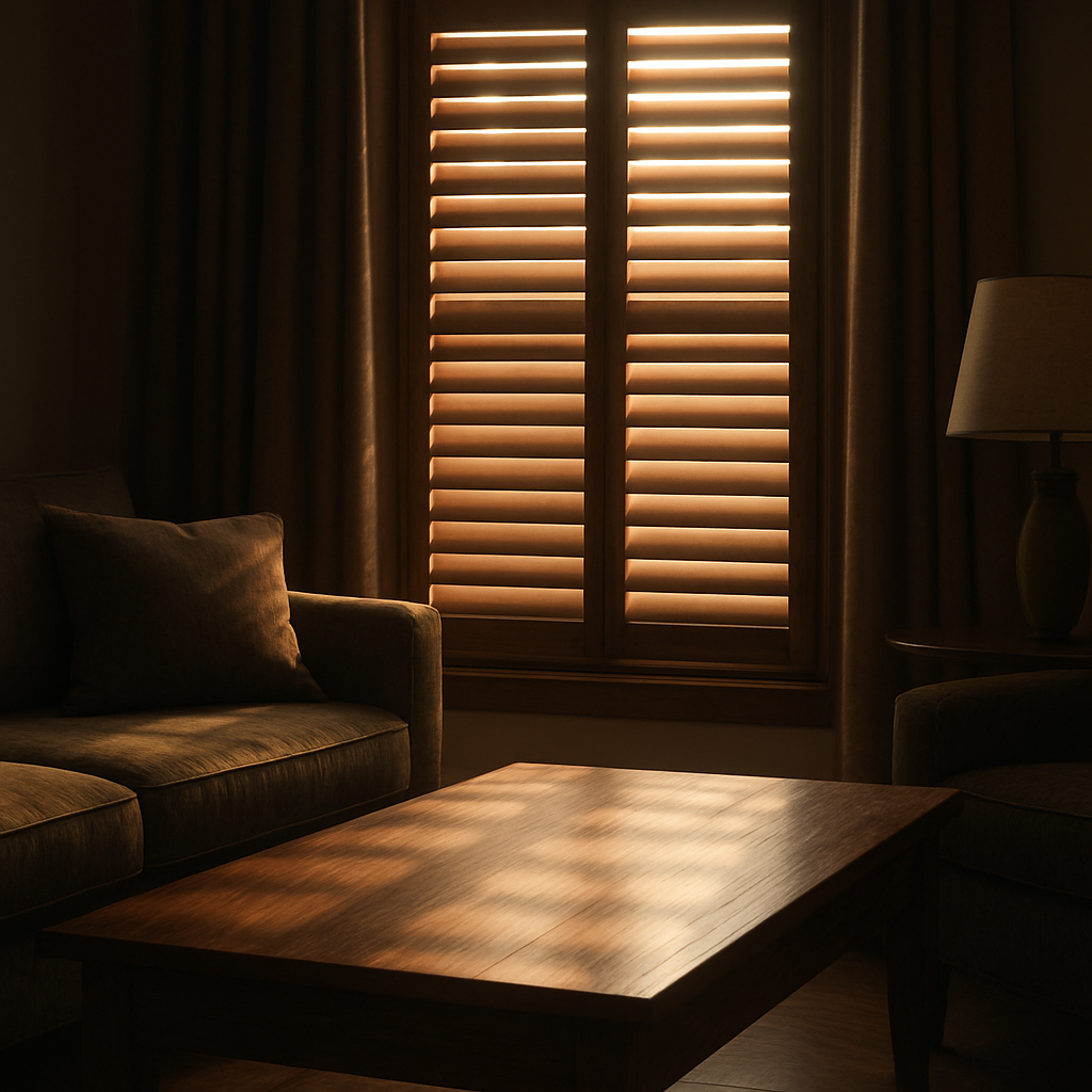 A cinematic view of a living room featuring a wooden plantation shutter with layered slats partially open, casting subtle shadows on a polished oak coffee table, soft afternoon light filtering through, creating depth and warmth. Alt: Wooden plantation shutter in a stylish living room.