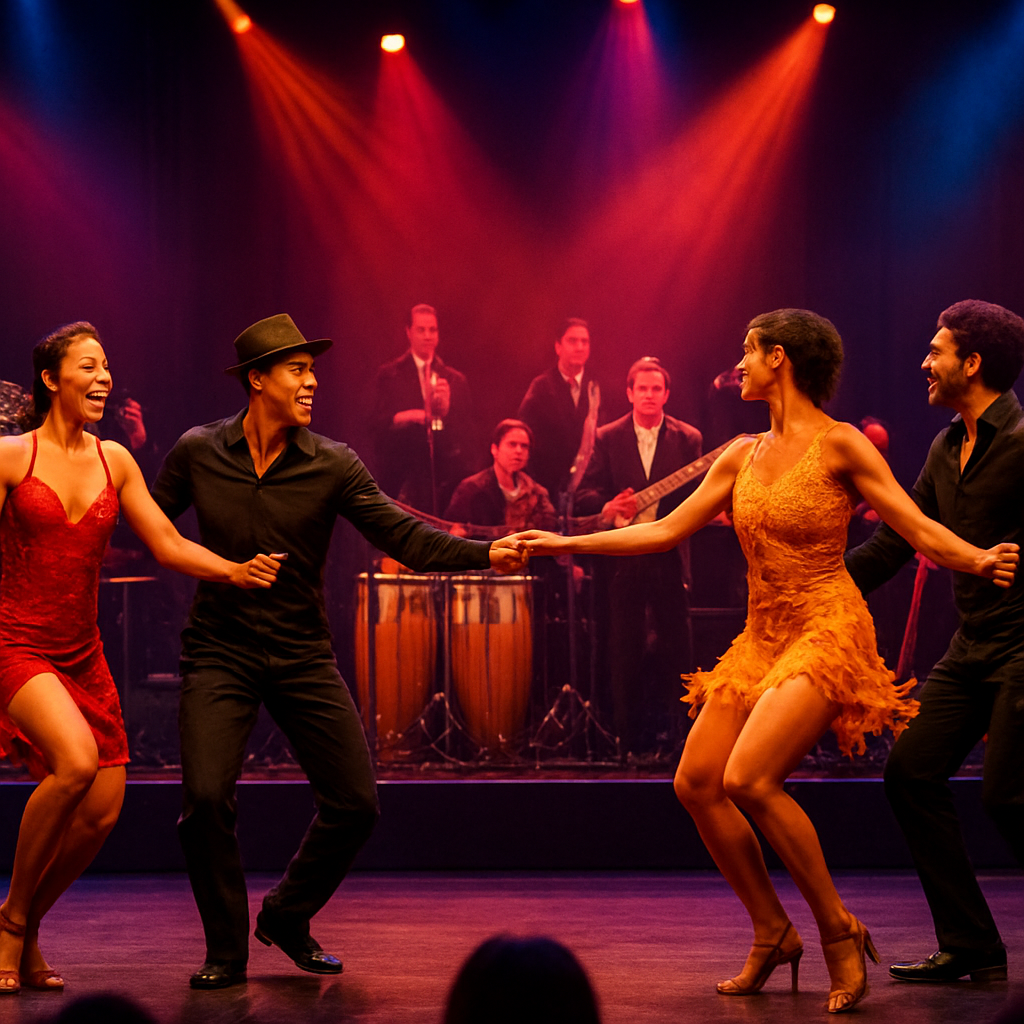 A vibrant live salsa orchestra performing on a beautifully lit stage, with dancers moving energetically. Alt: orquesta de salsa en vivo en eventos, energía y baile