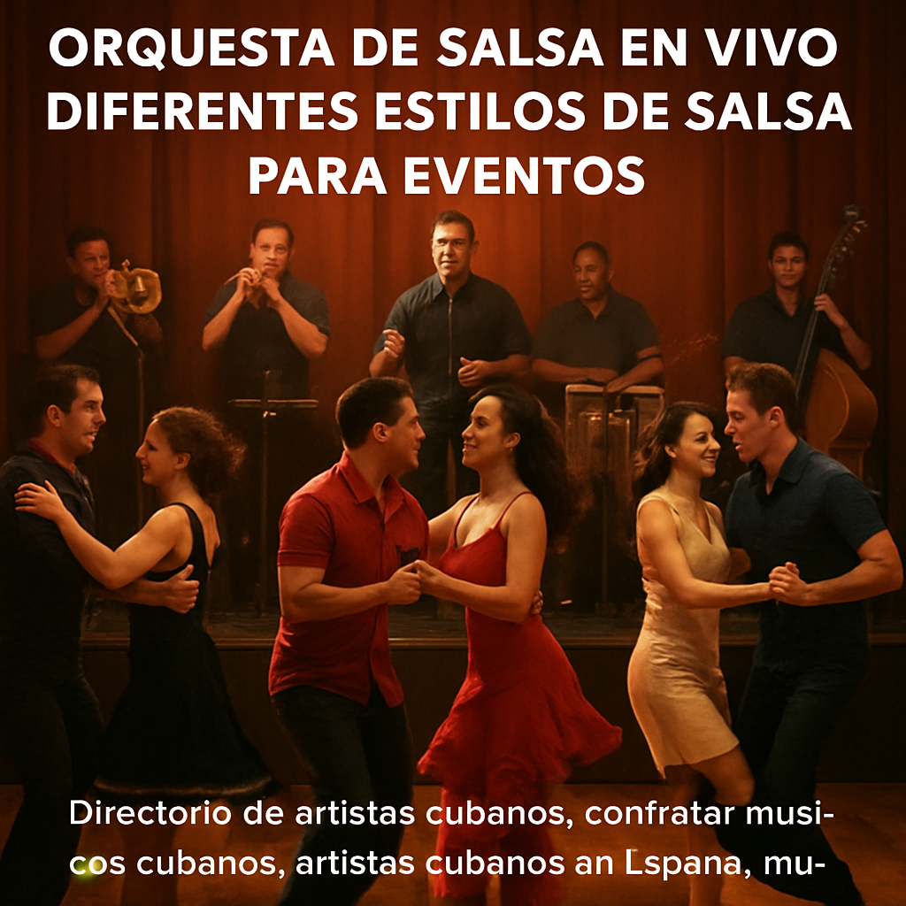 A lively dance floor with a live salsa orchestra playing different styles, showing couples dancing to On 1, On 2, and timba. Alt: orquesta de salsa en vivo diferentes estilos de salsa para eventos