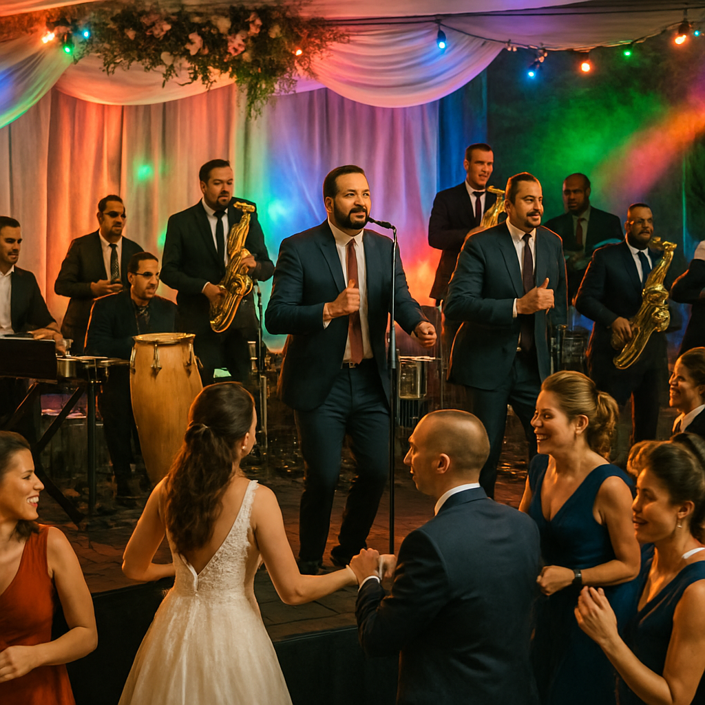 A vibrant salsa orchestra performing on a decorated wedding venue stage, with colorful lights and dancing guests. Alt: orquesta de salsa para eventos, música cubana en vivo, celebración vibrante