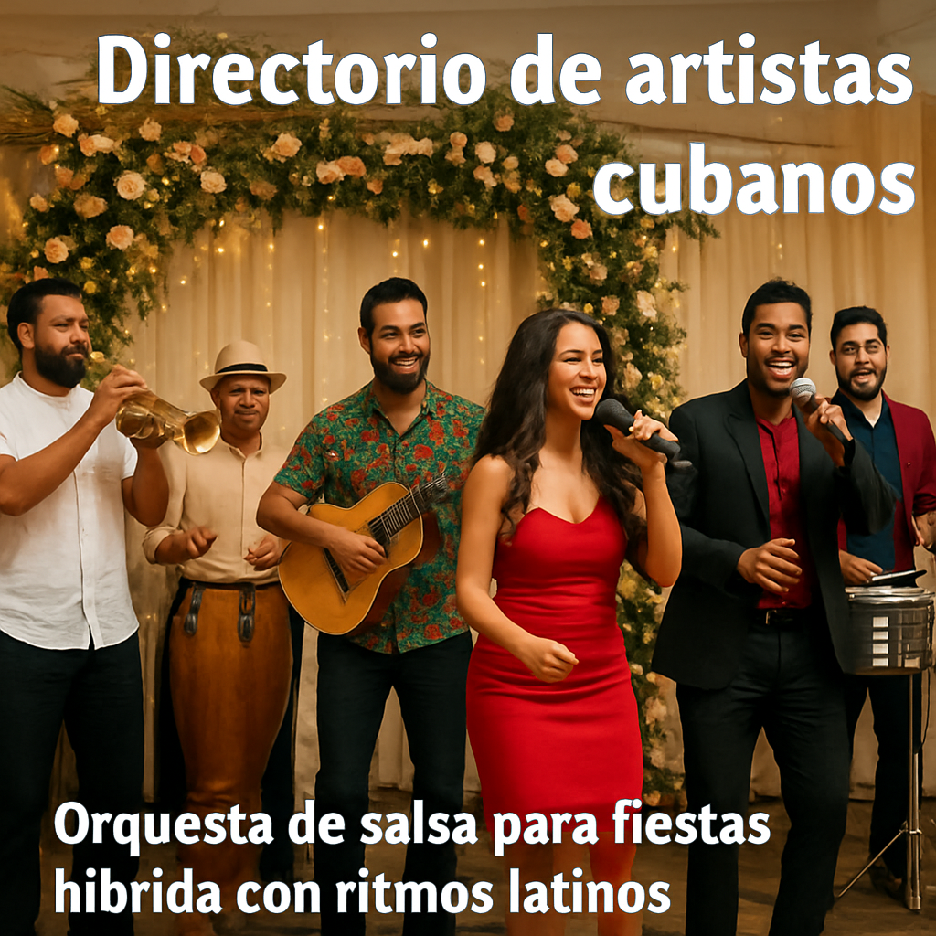 A vibrant hybrid Latin orchestra blending salsa with reggaetón and bachata on a festive European wedding stage. Alt: orquesta de salsa para fiestas híbrida con ritmos latinos