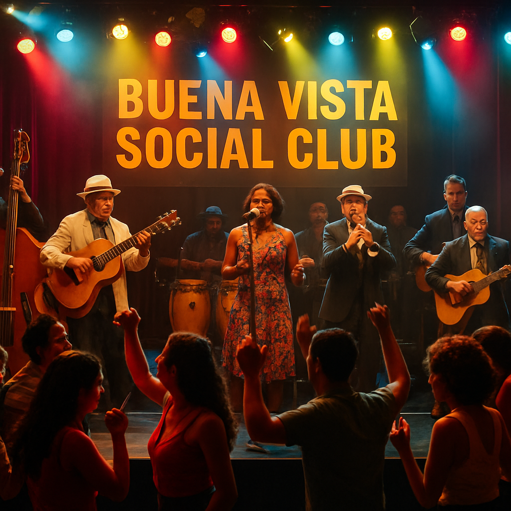 A vibrant scene of Buena Vista Social Club performing on a stage with colorful lights and a dancing crowd, capturing the lively atmosphere of a Cuban concert. Alt: Buena Vista Social Club en concierto, música cubana famosa para eventos