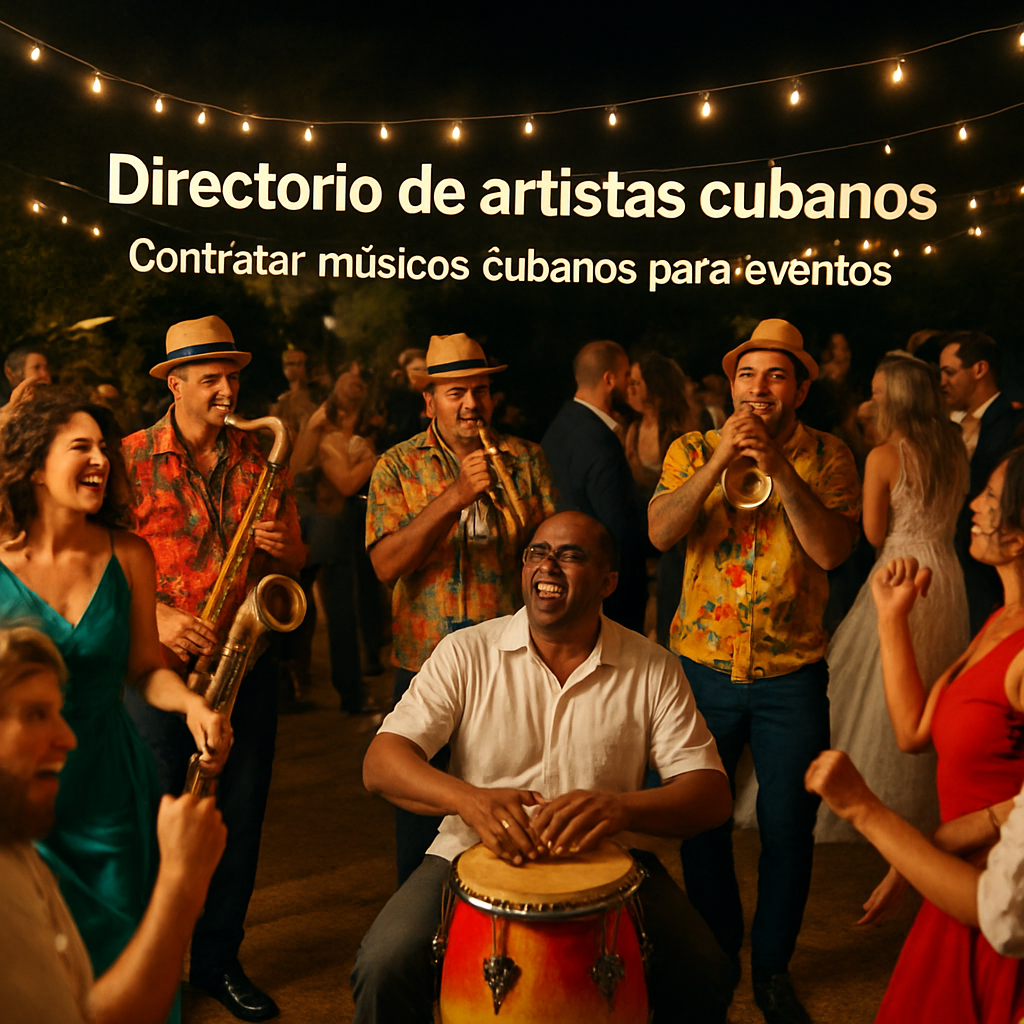 A lively wedding dance floor with a Charanga Habanera band playing, colorful Cuban instruments, guests dancing under string lights. Alt: Charanga Habanera en boda, música cubana contagiosa.