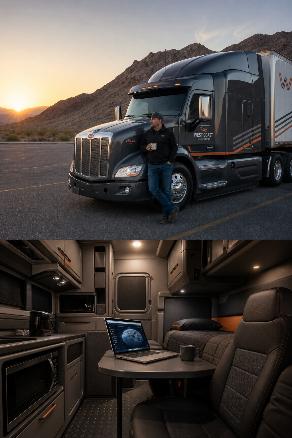 A realistic scene of a modern Peterbilt truck parked at a scenic desert rest stop, sunrise over the mountains, driver sipping coffee, showing the sleeper cab interior with satellite internet screen. Alt: West Coast Freightlines OTR truck with comfortable sleeper cabin and satellite connectivity