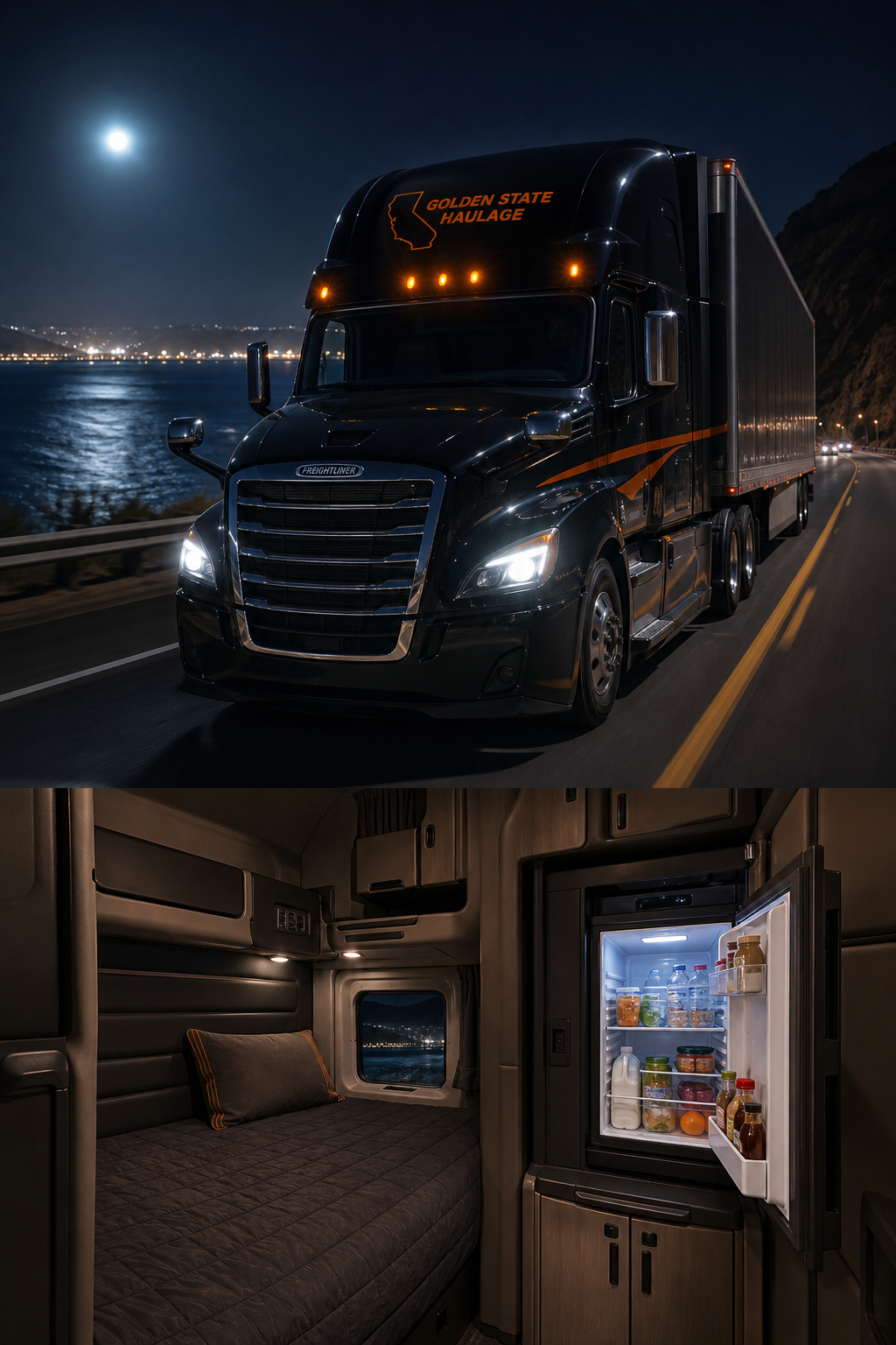 A realistic night‑time shot of a Freightliner truck cruising along a coastal highway, the cab lights glowing, showcasing the spacious sleeper cabin and built‑in refrigerator. Alt: Golden State Haulage long‑haul truck with comfortable sleeper and modern amenities