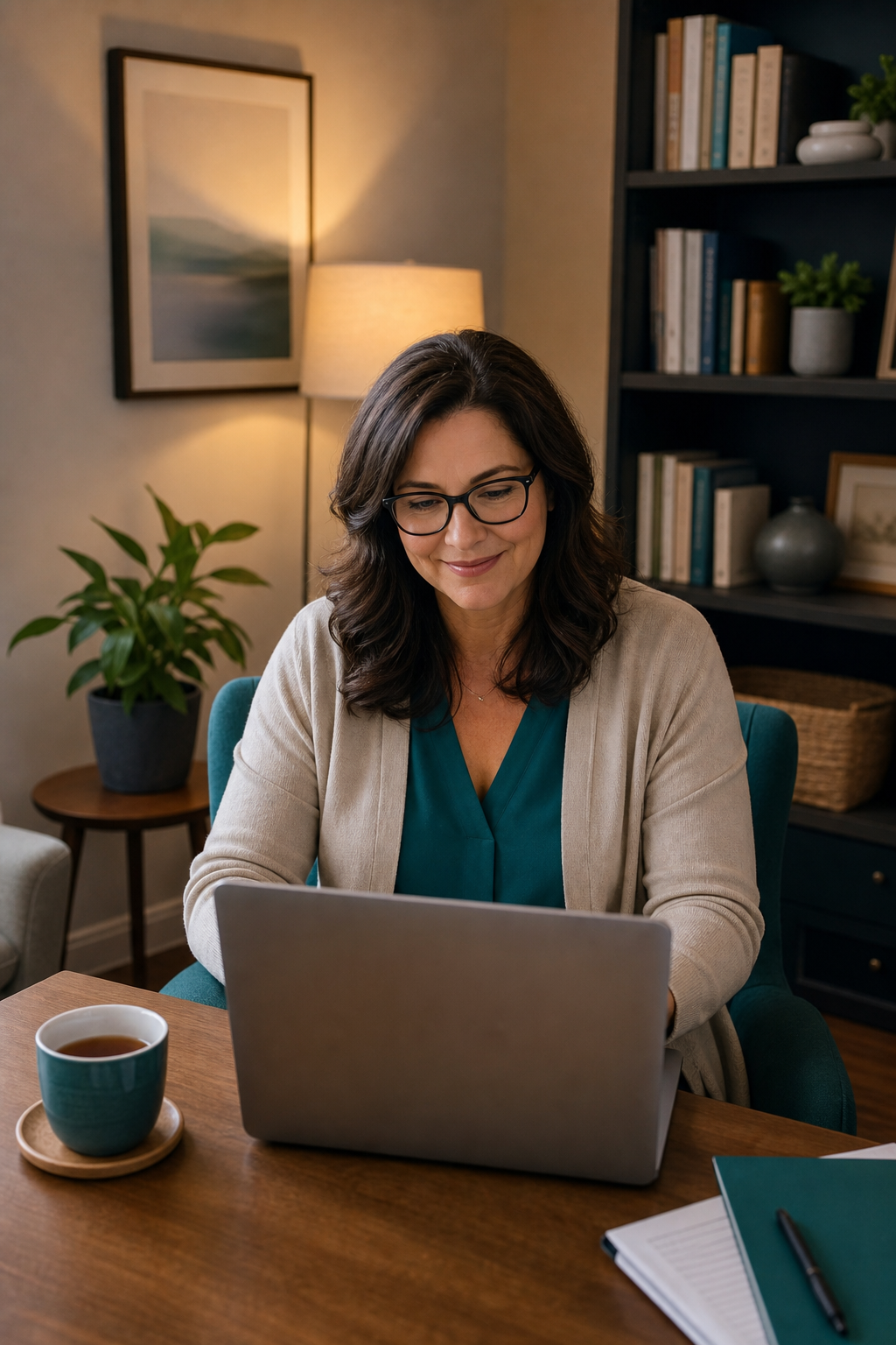 A calm therapist sitting in a cozy office, smiling at a laptop with a cup of tea nearby. The scene conveys trust and relief from administrative burden. Alt: Therapist using MCM South billing service for out-of-network claims.
