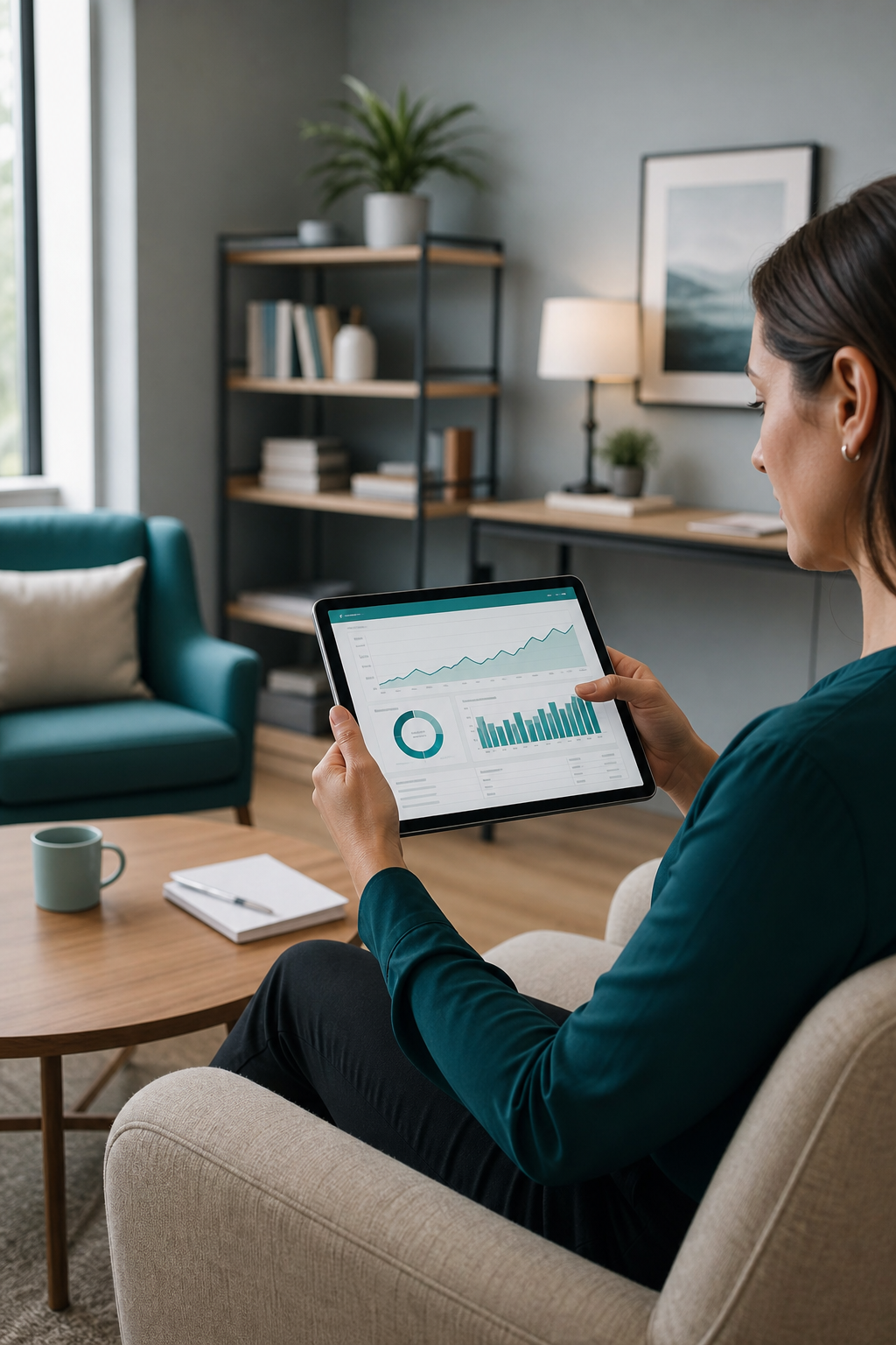 A modern office with a therapist reviewing analytics on a tablet, with charts showing revenue trends. Alt: AdvancedMD analytics screen showing out-of-network reimbursement data for a therapy practice.