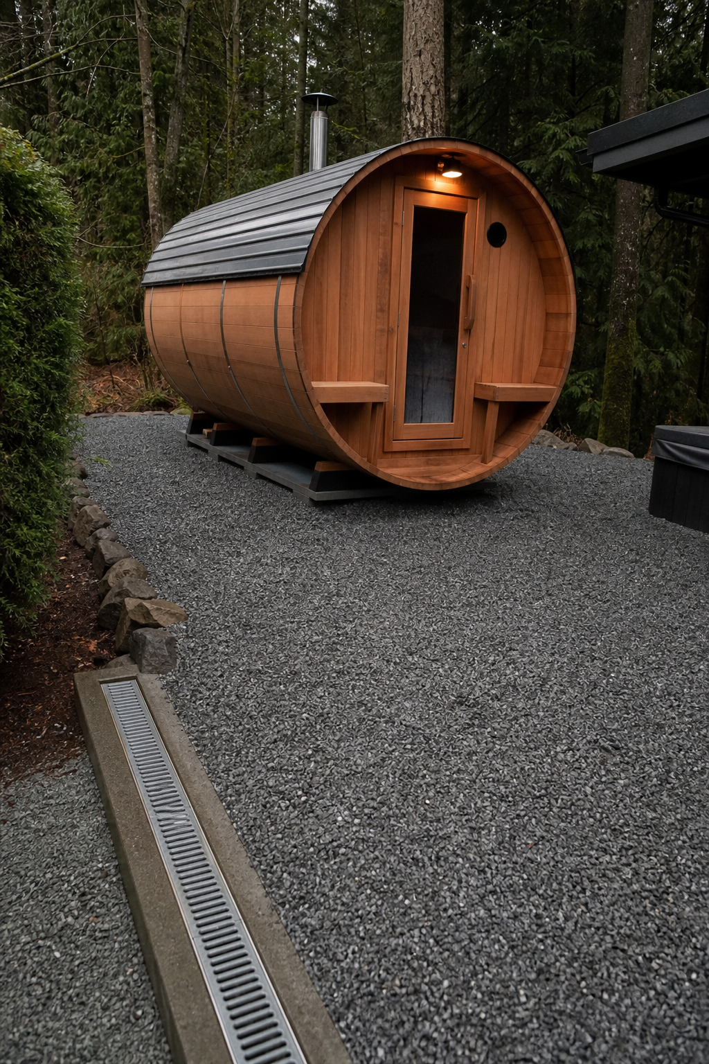 A photorealistic image of a leveled gravel patio with a barrel sauna in the background, showing proper drainage and a metal roof. Alt: Outdoor cedar sauna installation on a gravel foundation with a metal roof preventing rain seepage.