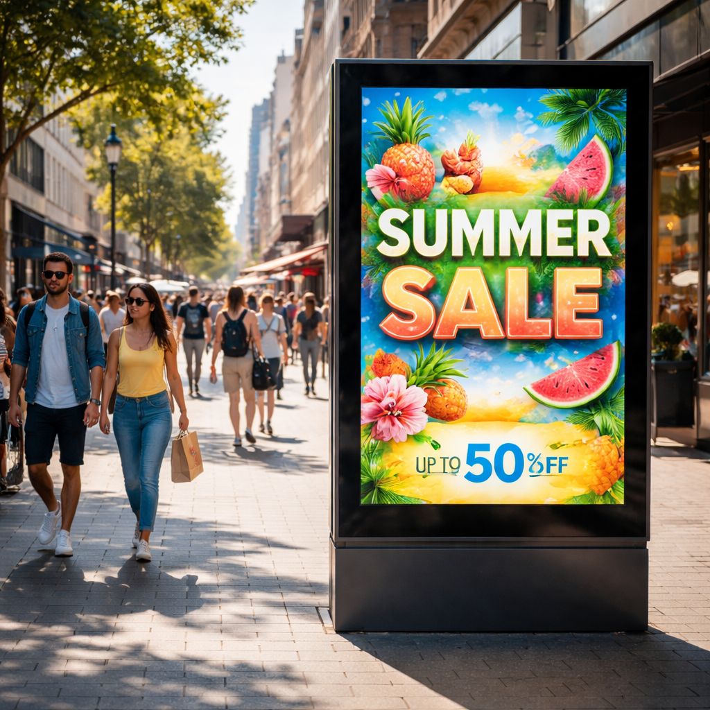A realistic street scene with a bright outdoor digital signage screen showing a colorful ad, people walking past, clear sky, high contrast, alt: outdoor digital signage in a busy city street.