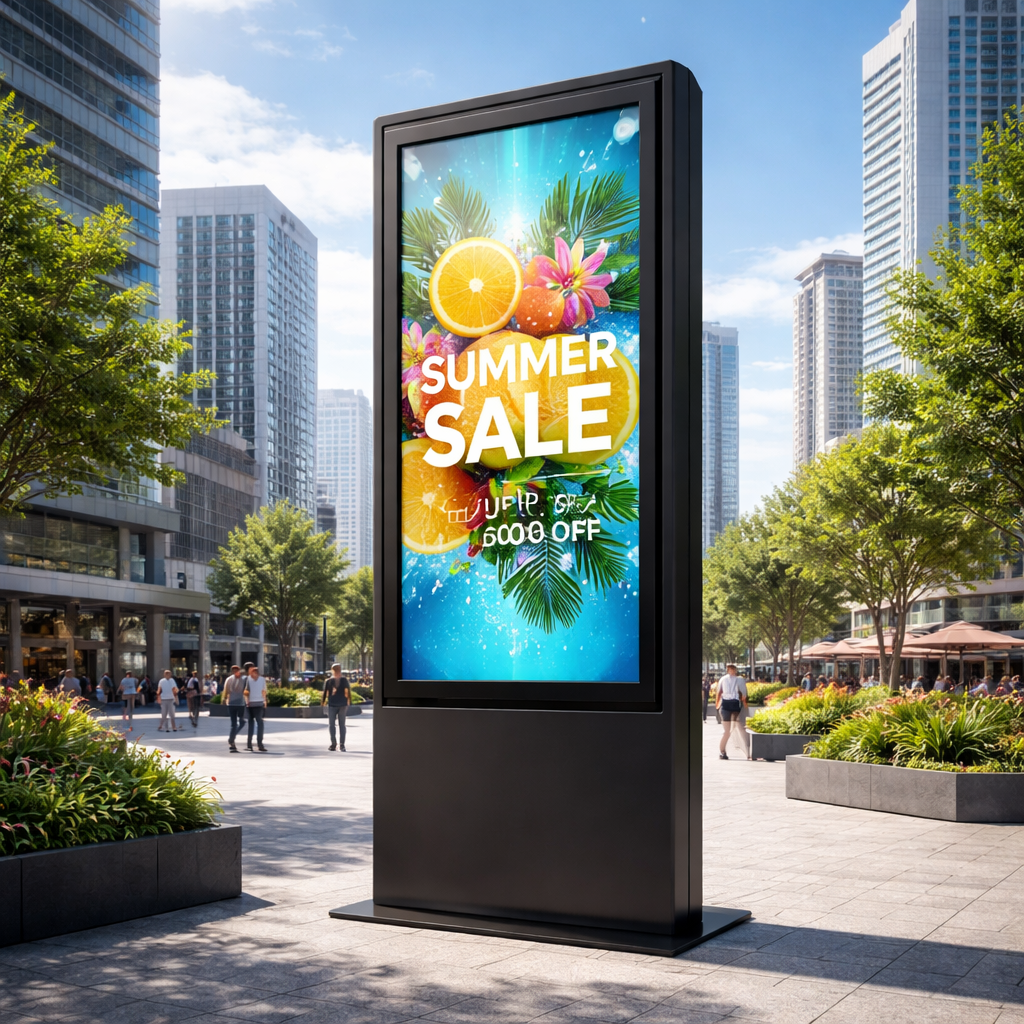 A realistic rendering of a modern outdoor digital signage totem in a city plaza, bright screen displaying a dynamic ad, clear sky, alt: outdoor digital signage totem in an urban setting.