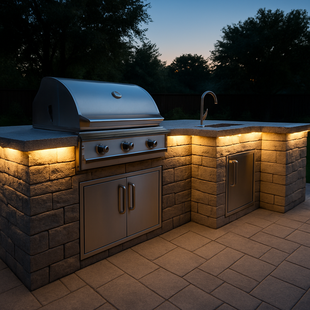 A modern outdoor kitchen island with brushed‑stone paver countertops, stainless steel appliances, and soft LED lighting at dusk. Alt: Outdoor kitchen design with durable materials for DFW climate.