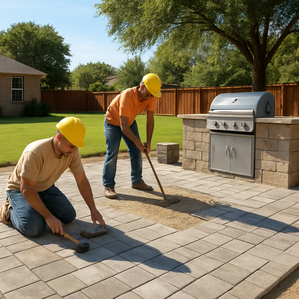 A sunny backyard with an outdoor kitchen under construction, workers laying paver stones and installing a grill island. Alt: Planning installation timeline for an outdoor kitchen in DFW.