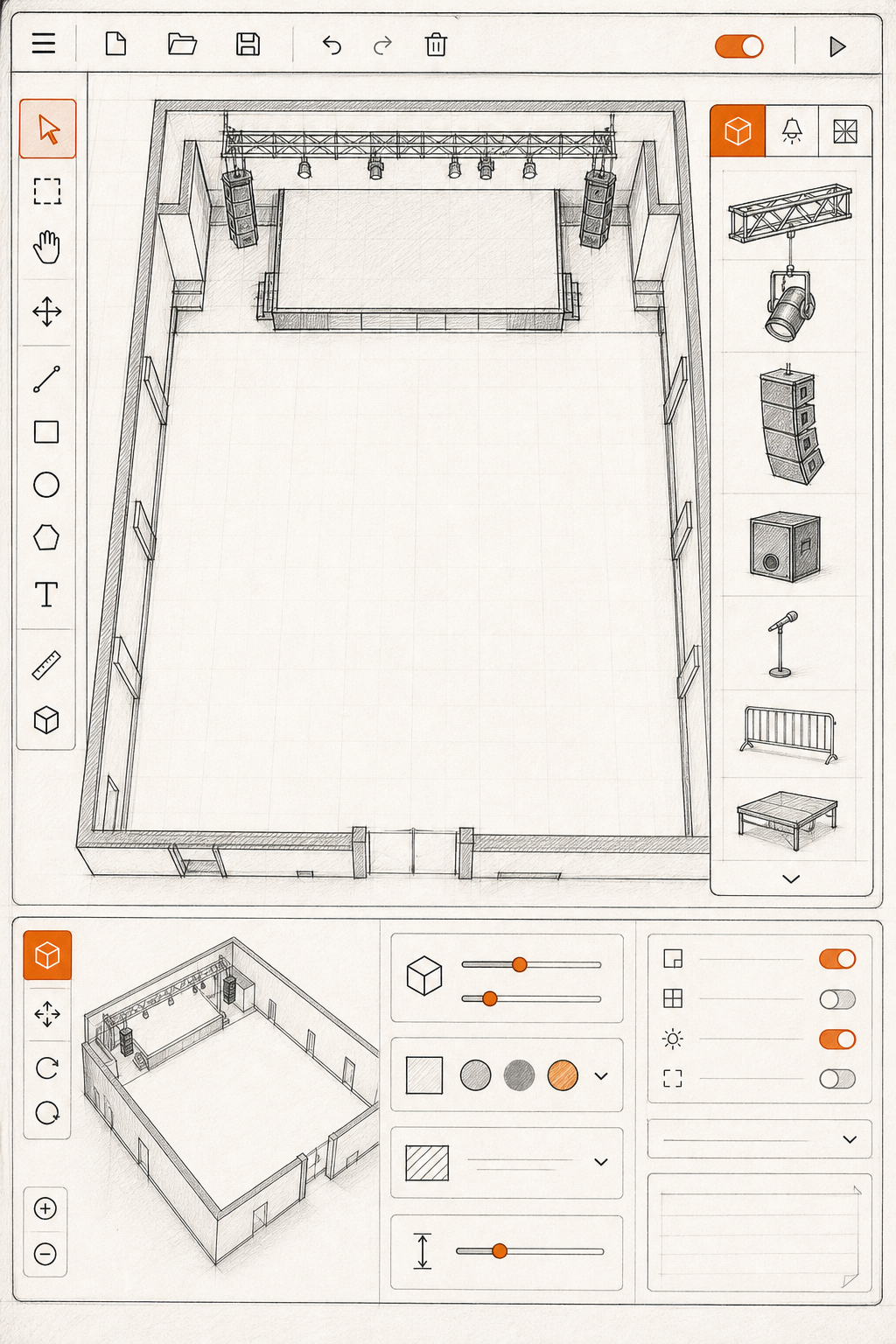 Outil plan de scène 360 salle de concert : guide pratique 1 Une interface de création de projet avec un plan de salle de concert vide, montrant les outils de dessin et les options de configuration. Style sketch, tons orange et gris. Alt: Interface de l'outil plan de scène 360 pour salle de concert - création d'un projet