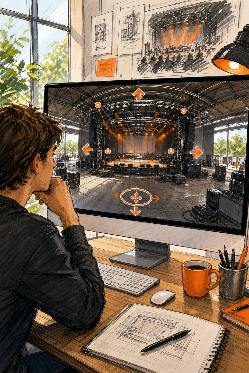 Outil plan de scène 360 salle de concert : guide pratique 2 Une personne explorant un plan de scène en 360° sur un écran d'ordinateur, avec des flèches de navigation et des points d'intérêt. Style sketch, couleurs vives. Alt: Visualisation 360° d'un plan de scène de salle de concert - navigation immersive