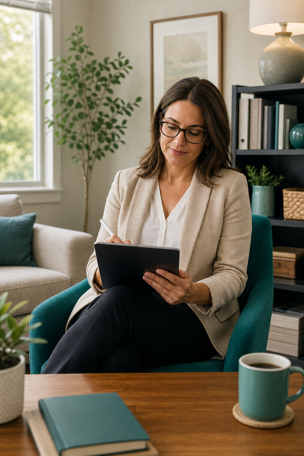 A mental health professional reviewing a patient note on a tablet in a calm, sunlit office, with a cup of coffee nearby. Alt: Therapist documenting session time for CPT code billing.